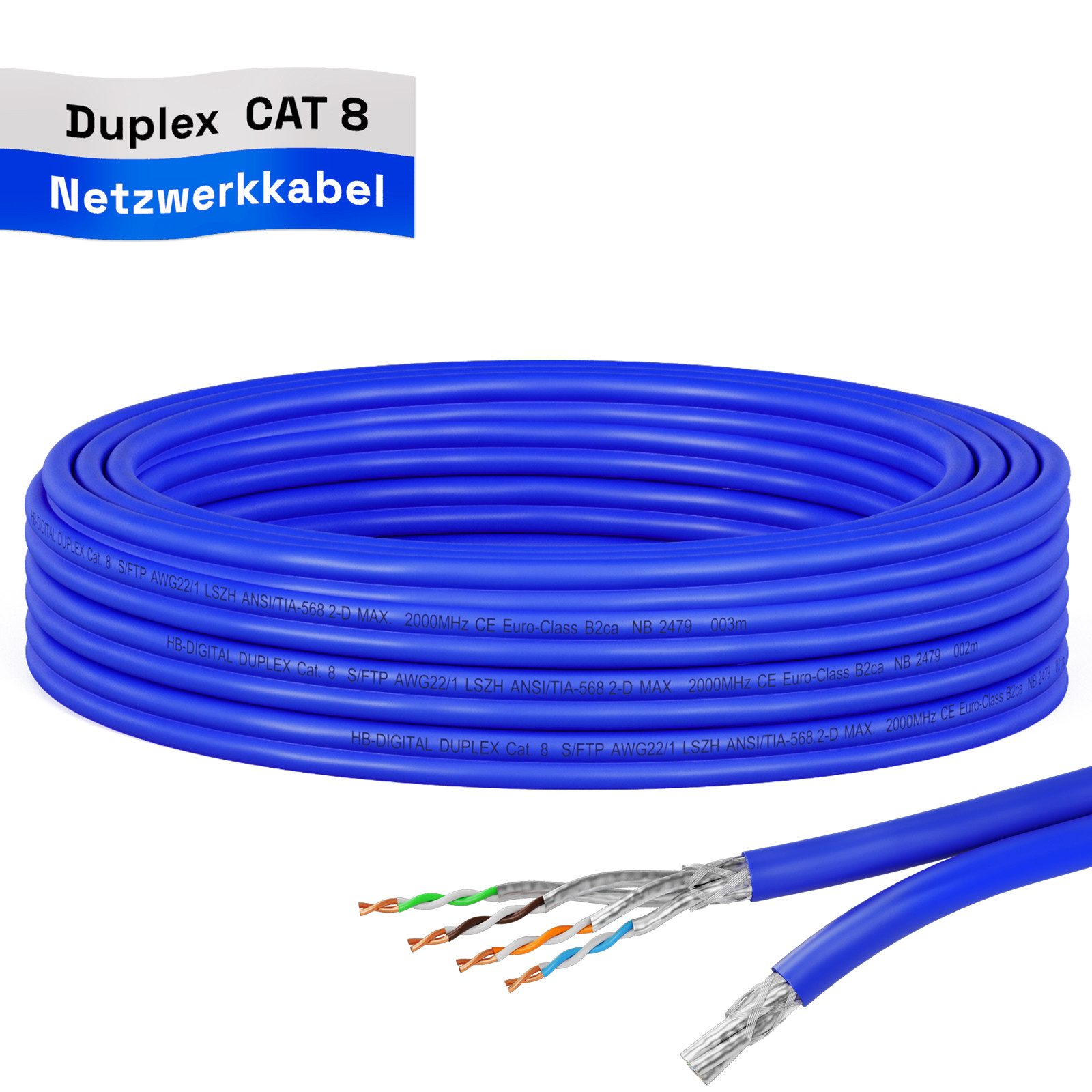 HB-DIGITAL CAT 8 Kabel Duplex Installationskabel S/FTP AWG22 LSZH Netzwerkkabel, Netzwerkstecker, (500 cm), Duplex, Euro CPR Brandklasse: B2ca (s1a d1 a1)