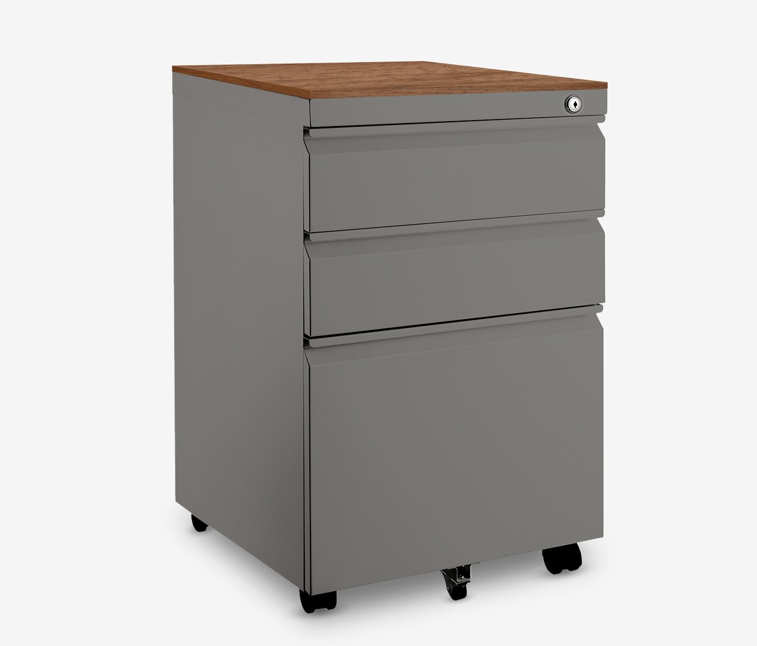 Ergolutions Rollcontainer Metall mit Holzblende, 5 Jahre Garantie / mit Schloss / 3 große Fächer / Gleitlagerschienen