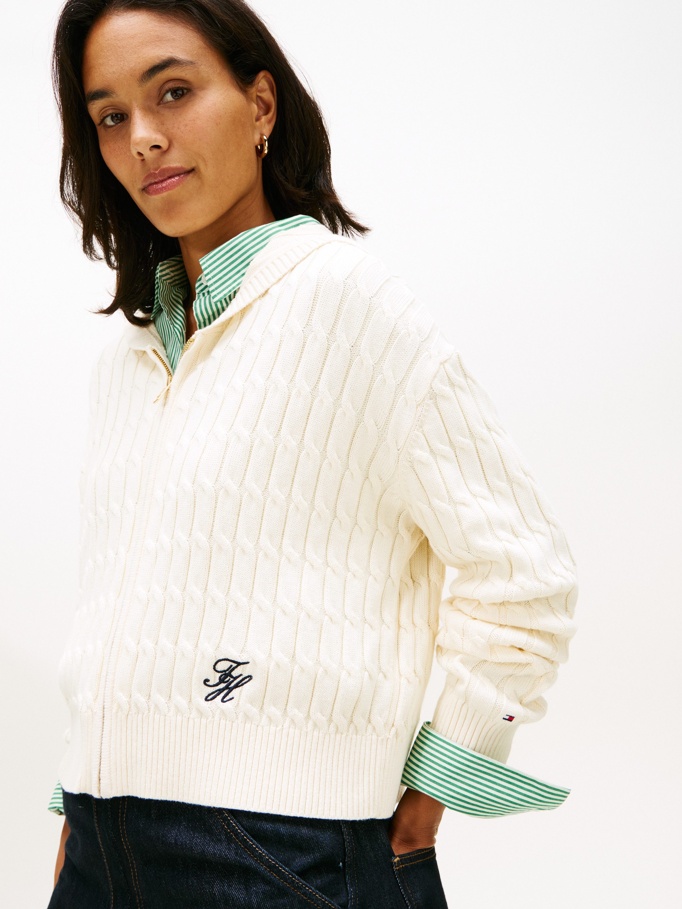 Tommy Hilfiger Kapuzenstrickjacke CO CABLE MID GG LS ZIP HOODY mit Zopfstri günstig online kaufen