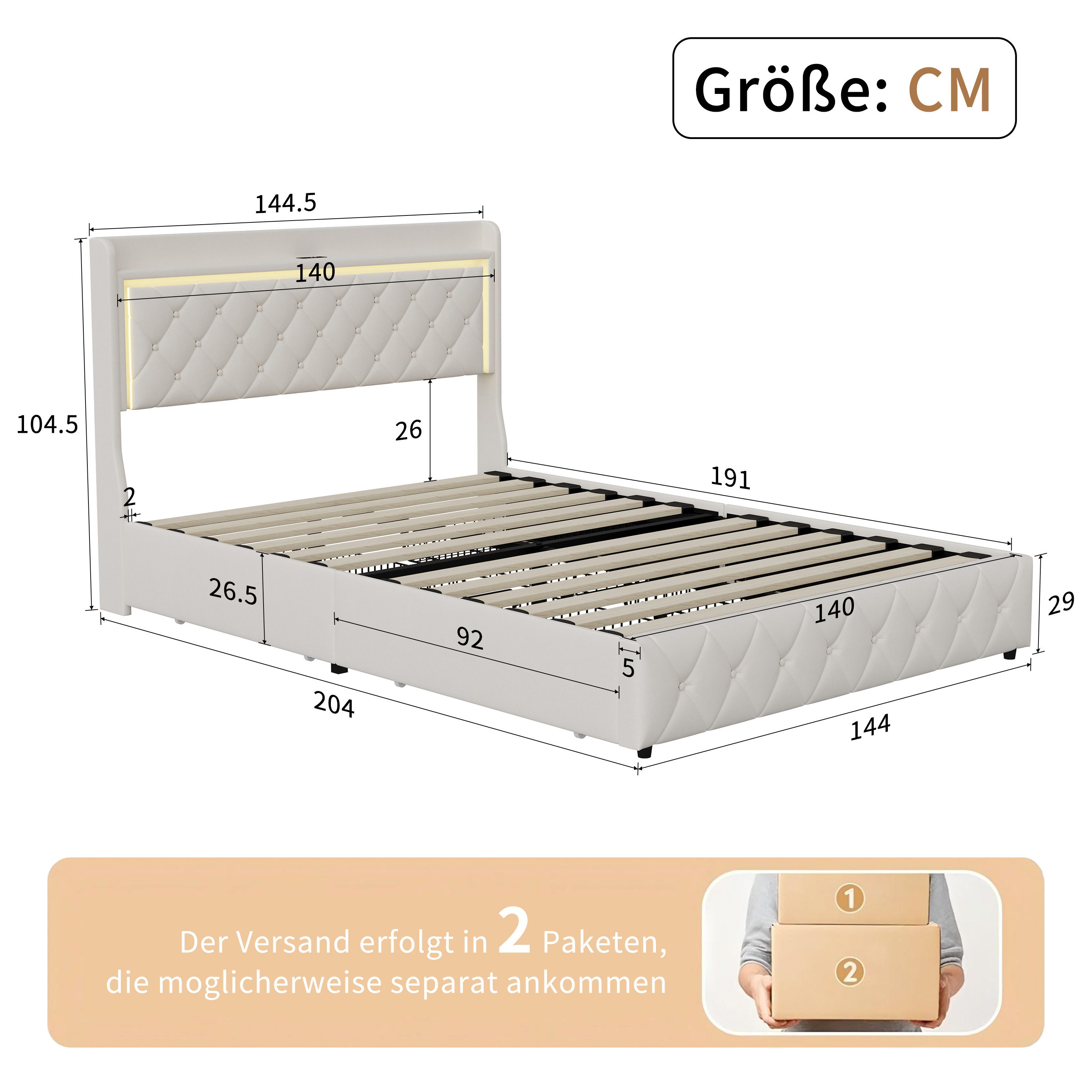 Simurq Stauraumbett Polsterbett 140x200/190cm, Doppelbett mit 4 Schubladen,LED mit USB (2 USB-Ports und 1 Typ-C-Anschluss, Jugendbett mit Bettkasten und Lattenr – Bild 2 von 5