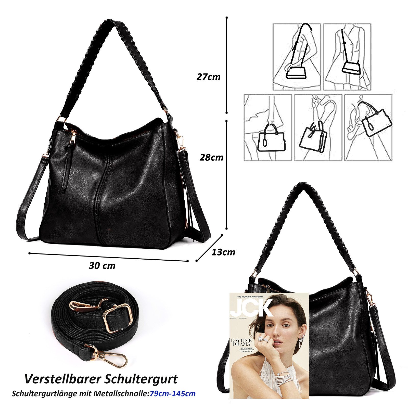 TAN.TOMI Schultertasche Handtasche Damen Shopper Lederimitat Umhängetasche Groß Schultertasche, Vintage Weiches Umhängetasche Hobo Taschen Schultertasche für Fr – Bild 5 von 5