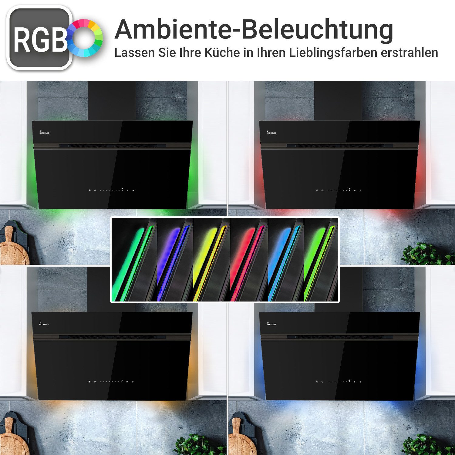KKT KOLBE Wandhaube Dunstabzugshaube 90cm AURORA9005FB RGBW Ambientebeleuchtung Dunstabzugshaube 90cm AURORA9005FB RGBW Ambientebeleuchtung, Kopffreihaube / Umluft / Abluft / Smarte WiFi-App / Schwarz / Glas