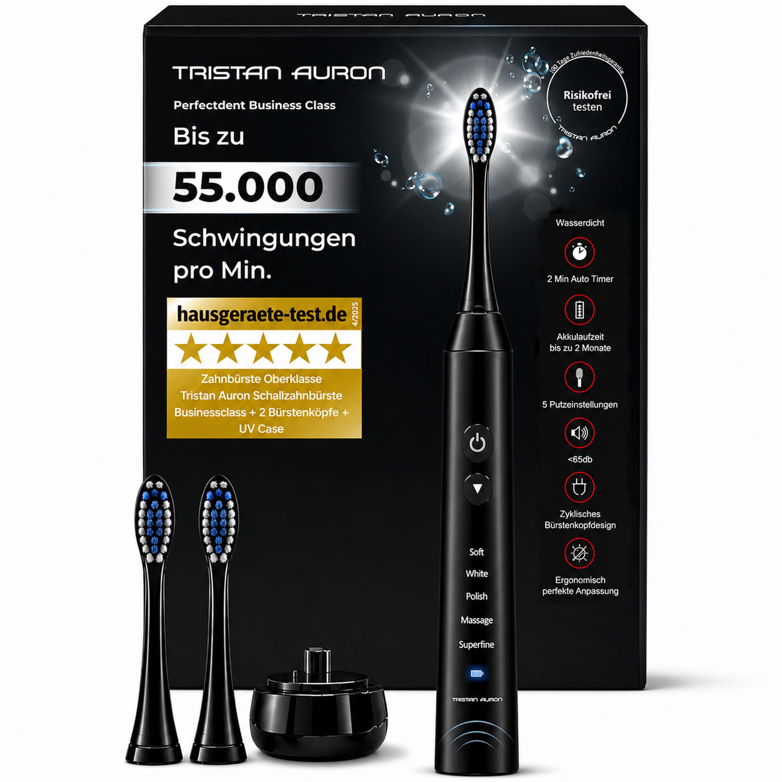 Tristan Auron Schallzahnbürste Elektrische Zahnbürste 55.000 VPM 5 Modi 60 Tage Akku IPX7 2 Min Timer, Aufsteckbürsten: 2 St., 2xBürstenköpfe, 1xelektrische Zahnbürste, 1x Ladestation, Sehr leise <65dB, ergonomisch angepasst, Ladestation, Wasserdicht