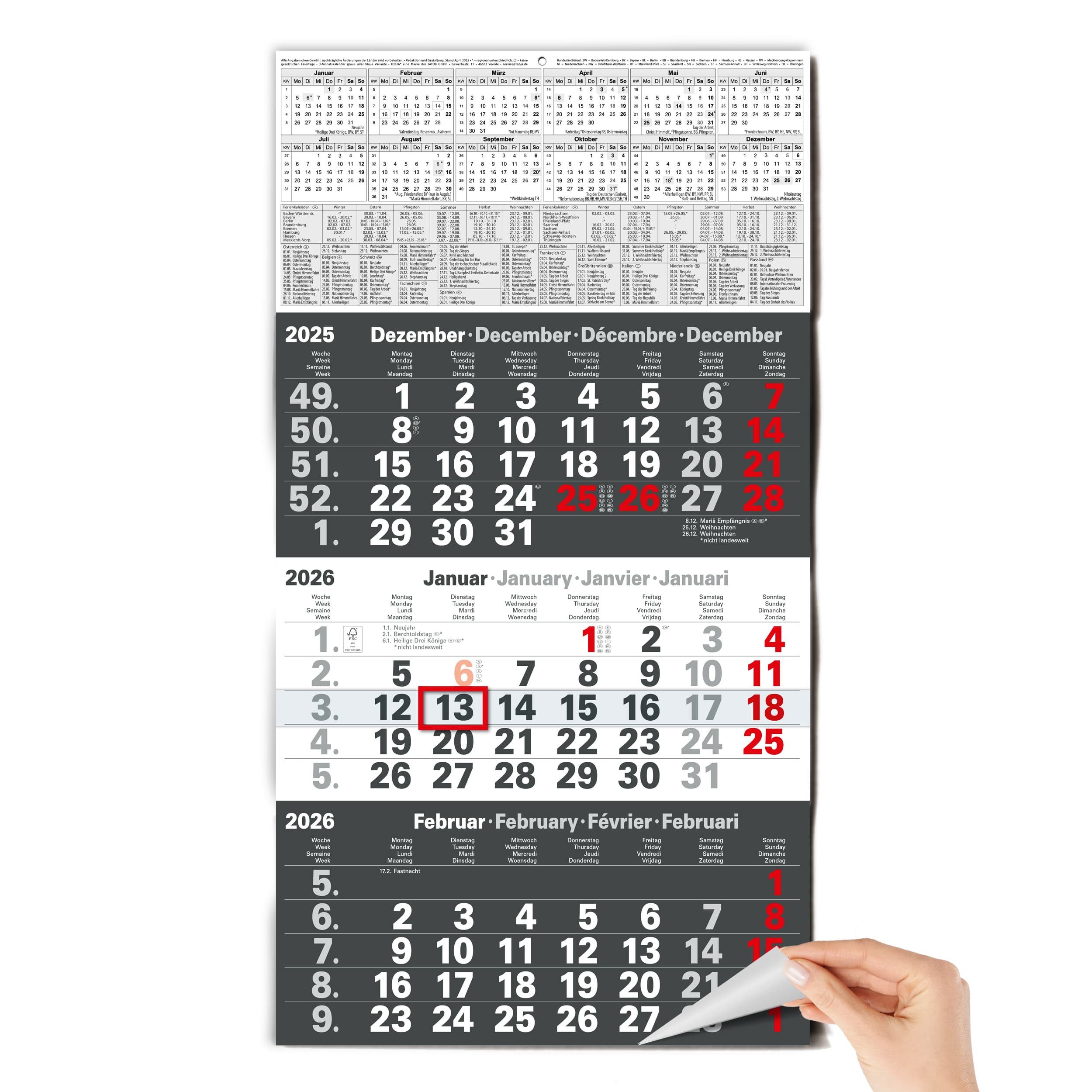 TOBJA Wandkalender 3 Monatskalender 2026 Wandkalender mit Schieber Anthrazit, Kalender 2026 Wandkalender, gefalzt!