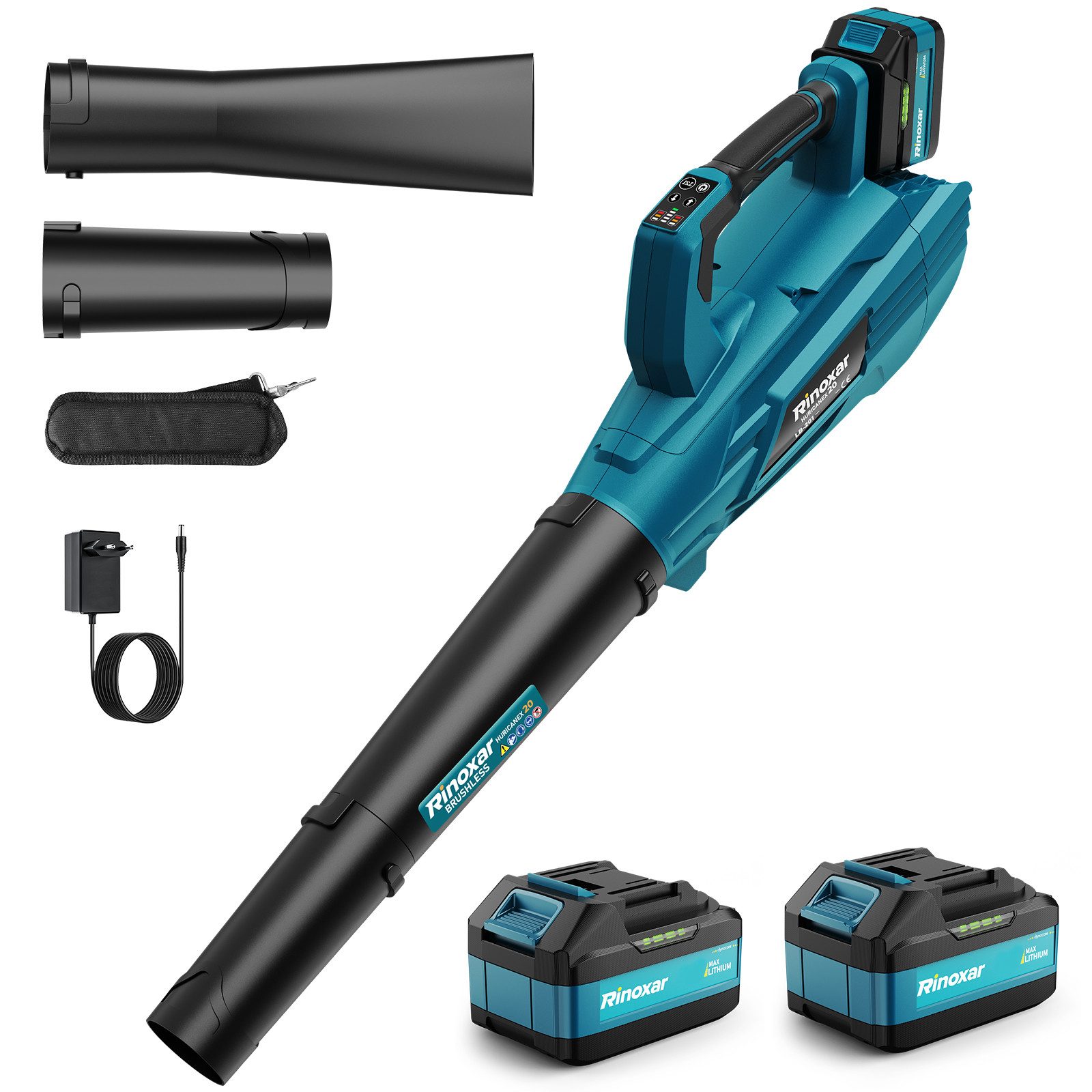 Rinoxar Akku-Laubbläser Akku Laubbläser, Laubgebläse Akku mit Bürstenlosem Motor 35000RPM 850W, 5 Geschwindigkeiten, mit 2x5200mAh/18V Batterien, 2 Wechselbare Düsen
