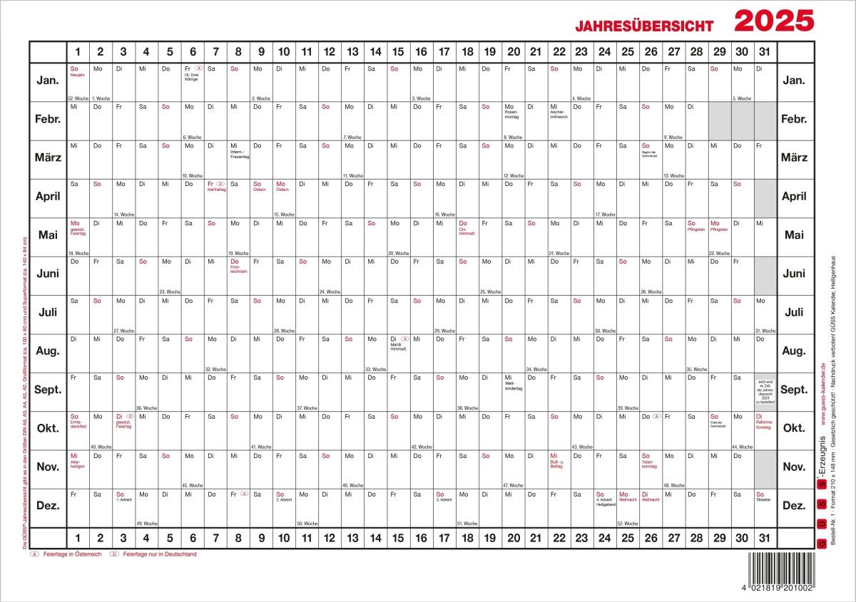 GÜSS Kalender Terminplaner Jahresübersicht 12 Monate Kalendarium 2027