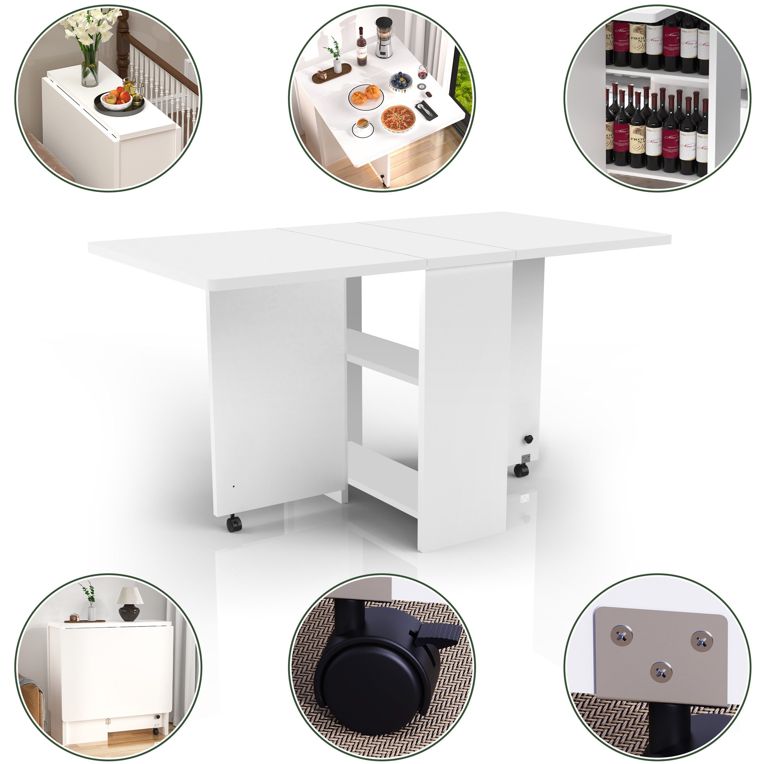 oyajia Klapptisch Esstisch Klappbarer Tisch mit Offenen Ablagen und Riemenscheibe (für Kleine Räume, Esszimmer 140 x 75 x 74 cm, Weiß), Küchentisch vielseitiger Tisch