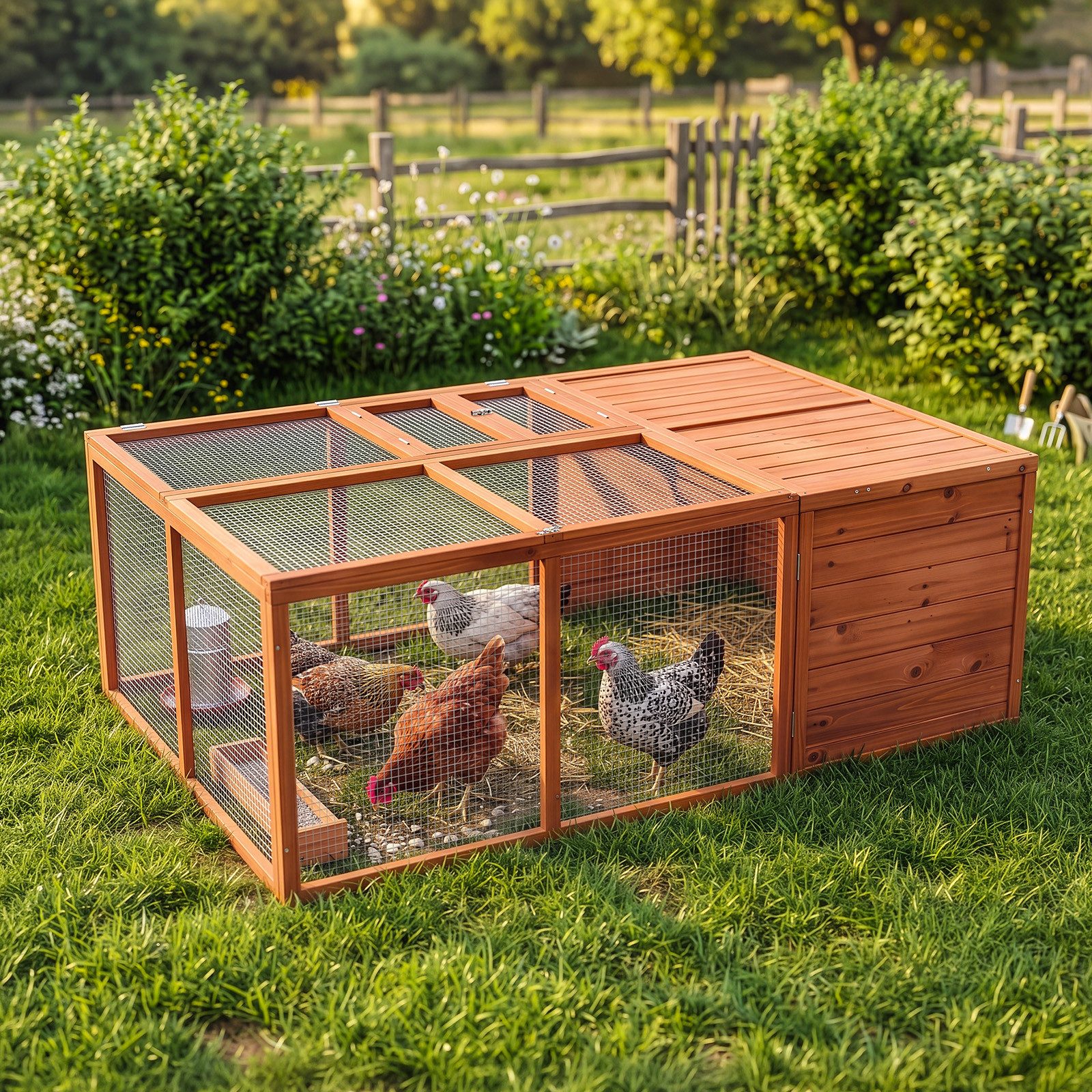 LALAHO Kleintierstall Kaninchenstall Hühnerstall mit Dachöffnung, 150x103x53cm, faltbares Dach, Kaninchen- & Meerschweinchenstall