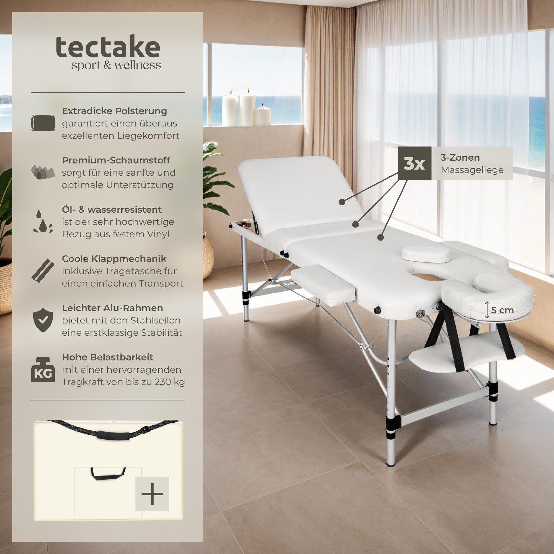 tectake Massageliege Massagetisch klappbar höhenverstellbar Aluminiumgestell 61cm 5cm (Set, 1-St., mit Tragetasche), Mit Tragetasche und abnehmbaren Kopf- und Armablagen für Komfort
