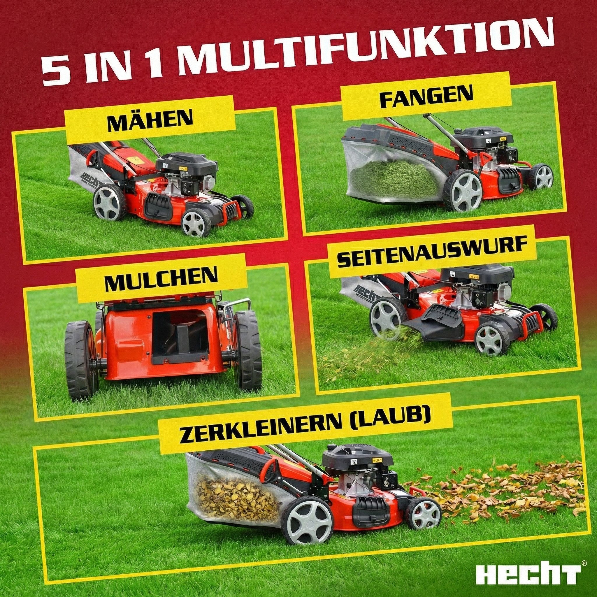 Hecht Benzinrasenmäher 547 SXW 5in1 mit Radantrieb Mulchkit Stahlgehäuse, 46 cm Schnittbreite, 3,7 PS, 150 cm³, 25-75 mm