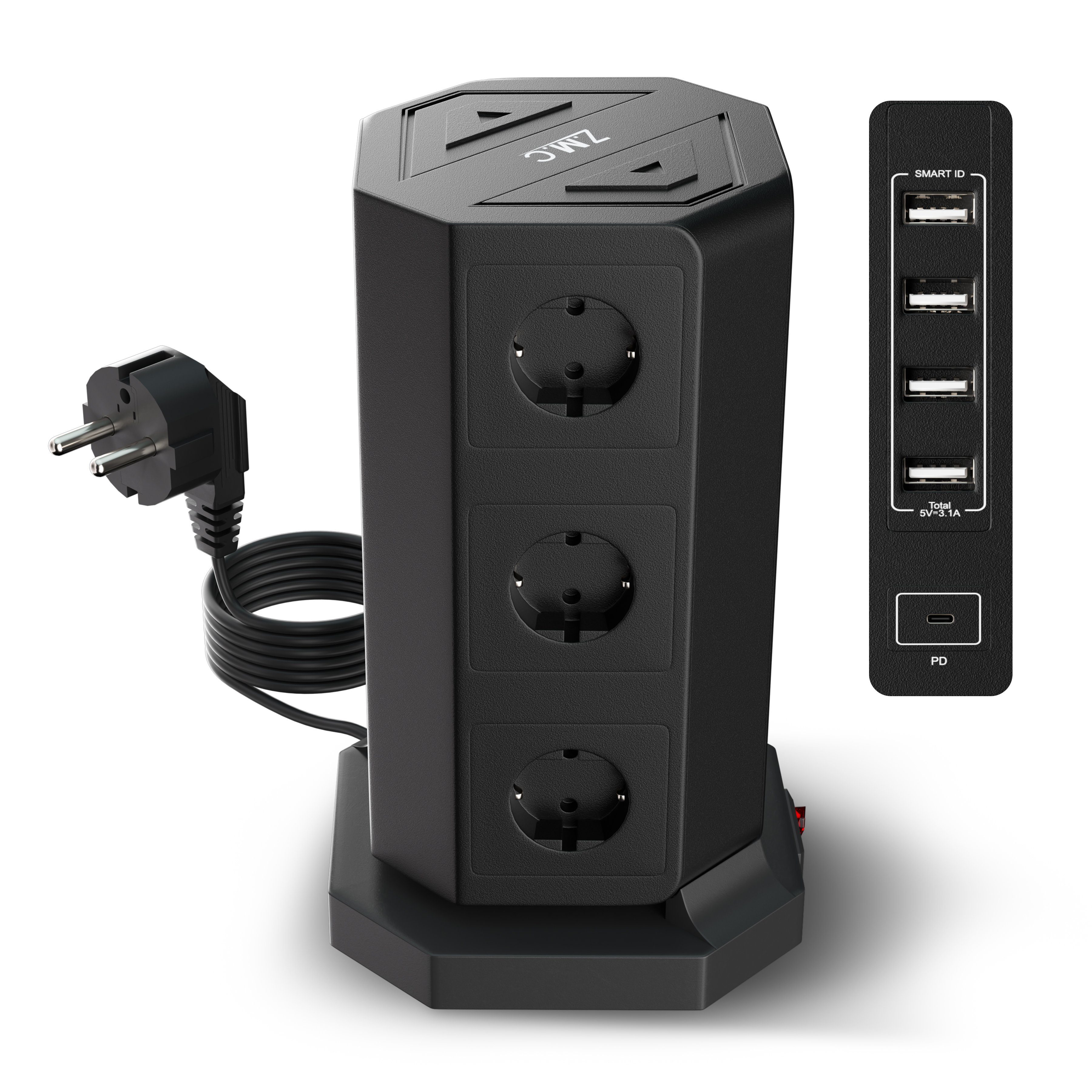 ZMC 9 Fach Turm Steckdosenleiste 4x USB-A / 1x USB-C 10A Steckdosenleisten Steckdosenleiste, Steckdosenturm Mehrfachsteckdose Mehrfachsteckdosen