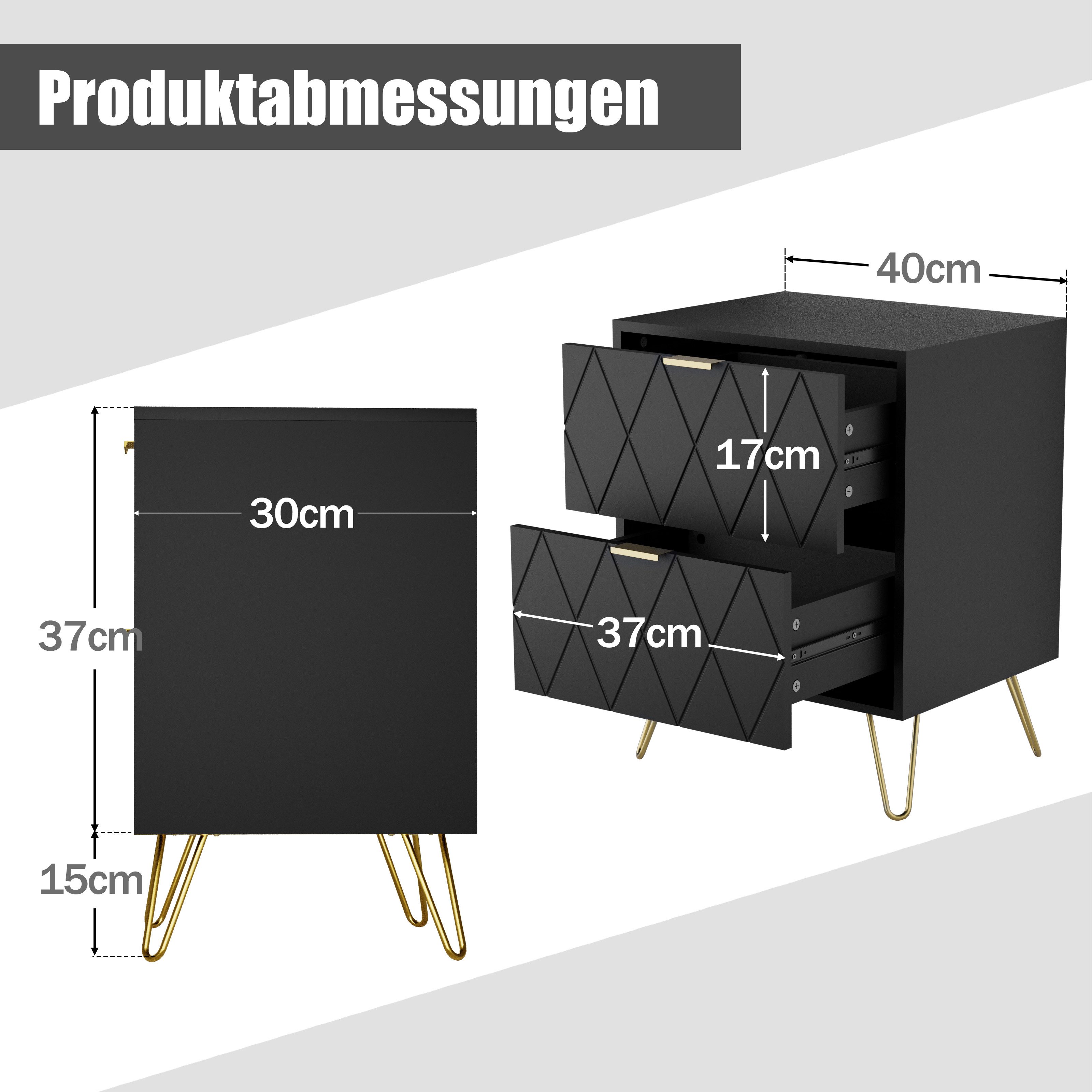 UEV Nachttisch 2er Set, Beistelltisch mit Beine, Nachtkommode mit Schubladen (Nachtschrank, Sofatisch für Wohnzimmer Schlafzimmer), 40 x 30 x 52 cm