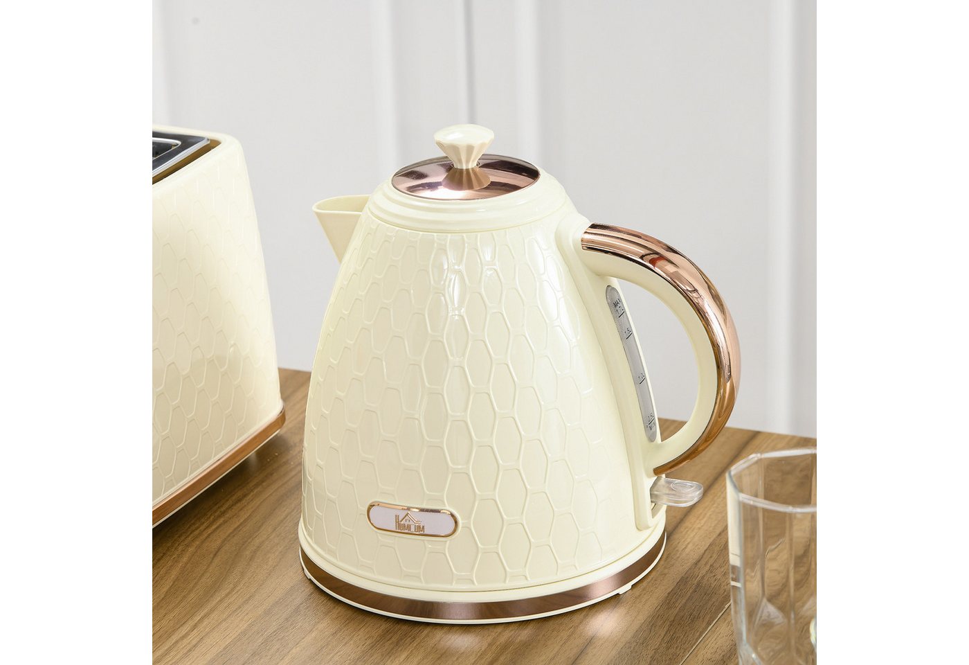 HOMCOM Wasserkocher Schnellkochfunktion, kabellos, Anti-Kalk-Filter, Auto-Abschaltung, 1.7 l, 2200 W, Trockengehschutz, Beige