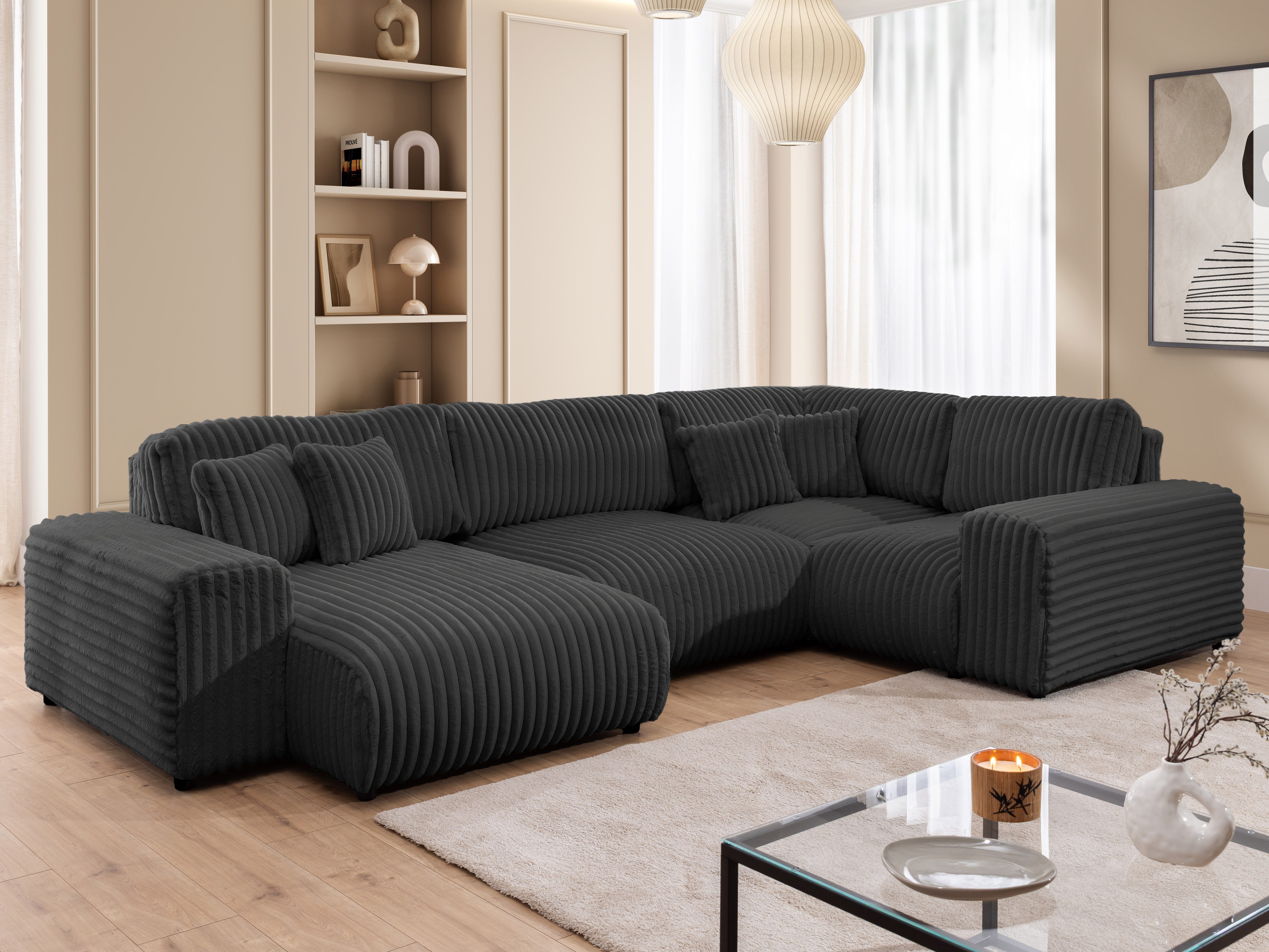 S-Style Möbel Wohnlandschaft Mollis im XXL-Format aus Plüschcord mit hohem Sitzkomfort