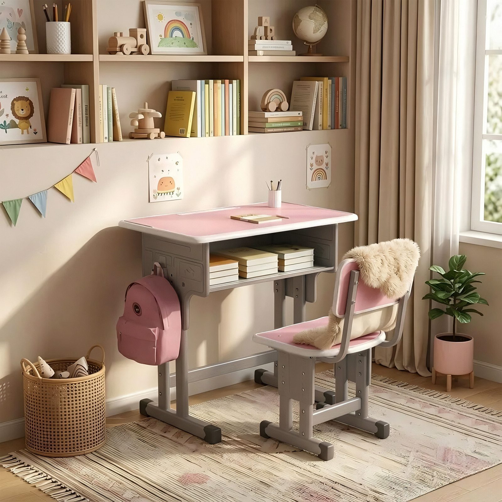 BBG Kinderschreibtisch Höhenverstellbares Kinder Schreibtisch Set mit Stuhl (Ergonomischer Lerntisch 60x40 cm, 4-Stufen Höhenverstellung, Ein Tisch, ein Stuhl), Anti-Rutsch Füße, Schulmöbel für Kinder ab 3 Jahren