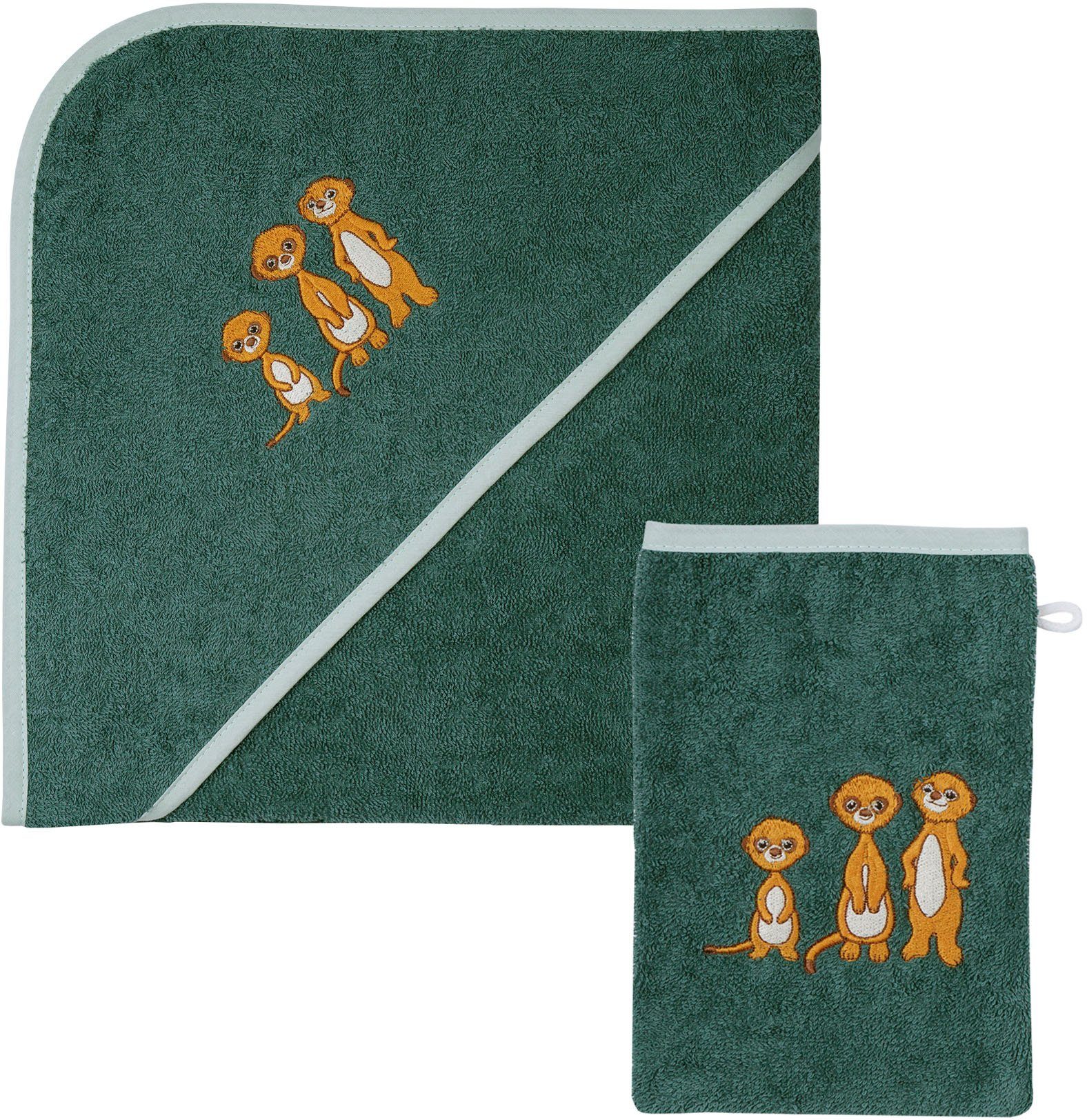 Wörner Handtuch Set Frottier, mit Stickerei 100/100 Waschhandschuh, 2-tlg), mit Erdmännchen (Spar-Set, süßer Erdmännchen Kapuzenbadetuch