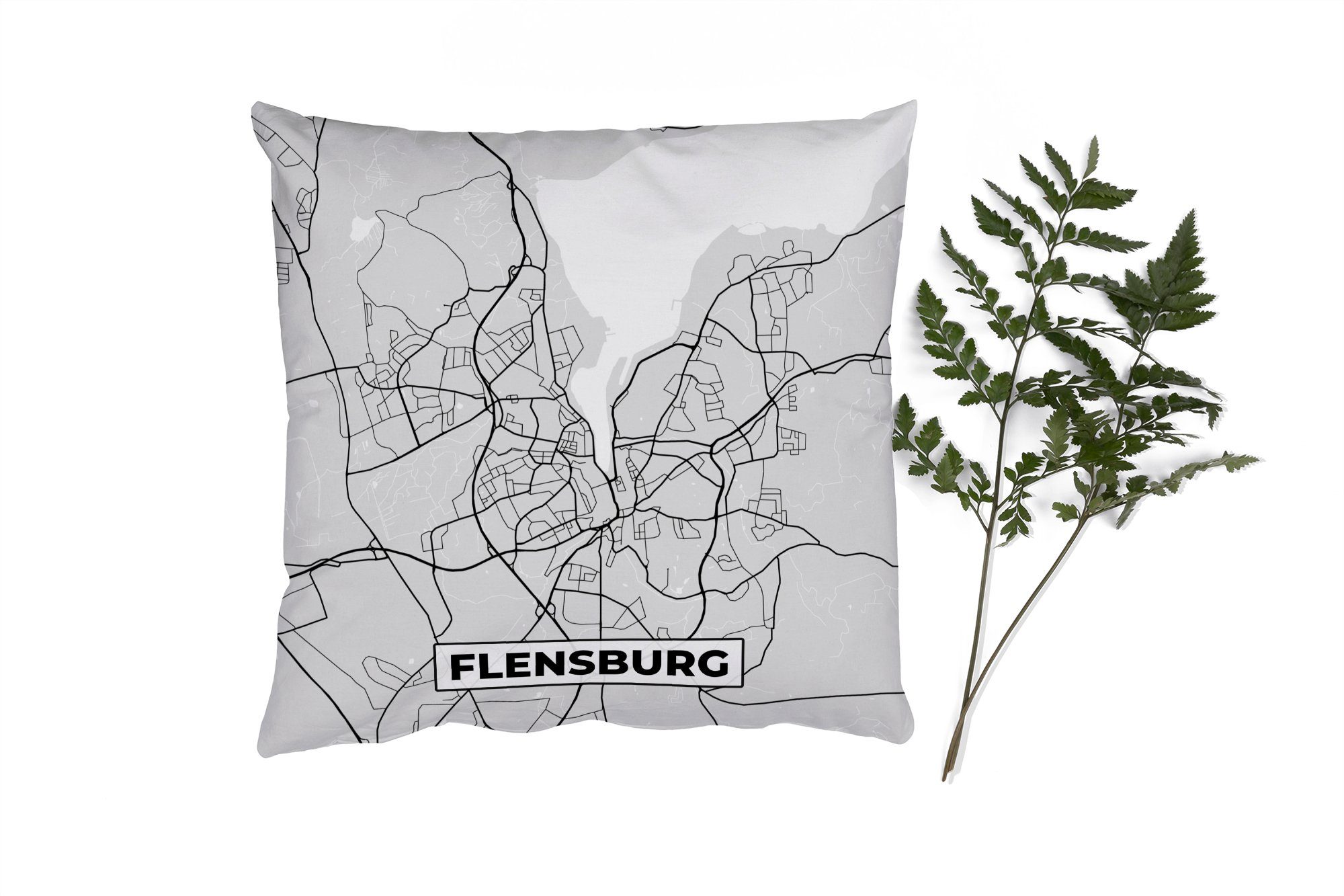 MuchoWow Dekokissen Karte - Deutschland - Flensburg - Karte - Stadtplan, Zierkissen mit Füllung für Wohzimmer, Schlafzimmer, Deko, Sofakissen | Dekokissen