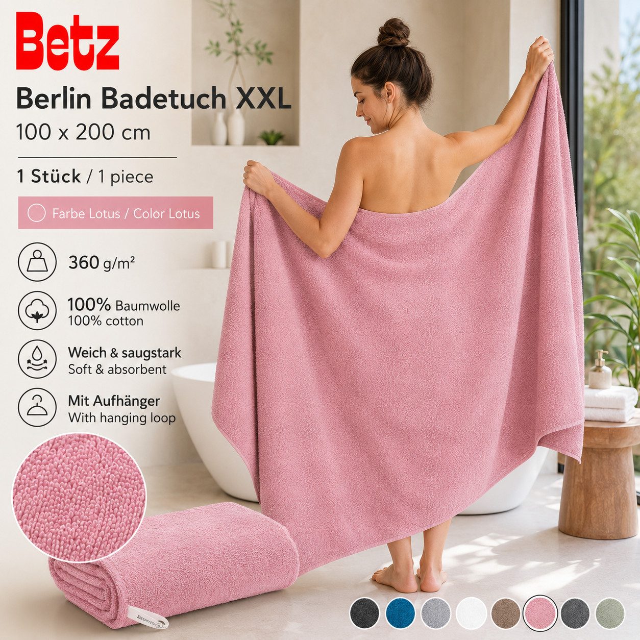 Betz Badetuch Berlin Größe 100 x 200 cm Saunatuch & Strandtuch 360 g/m², 100% Baumwolle (1 Stück, 1-St), saugstark & weich – großes Handtuch mit Aufhänger – Serie Berlin