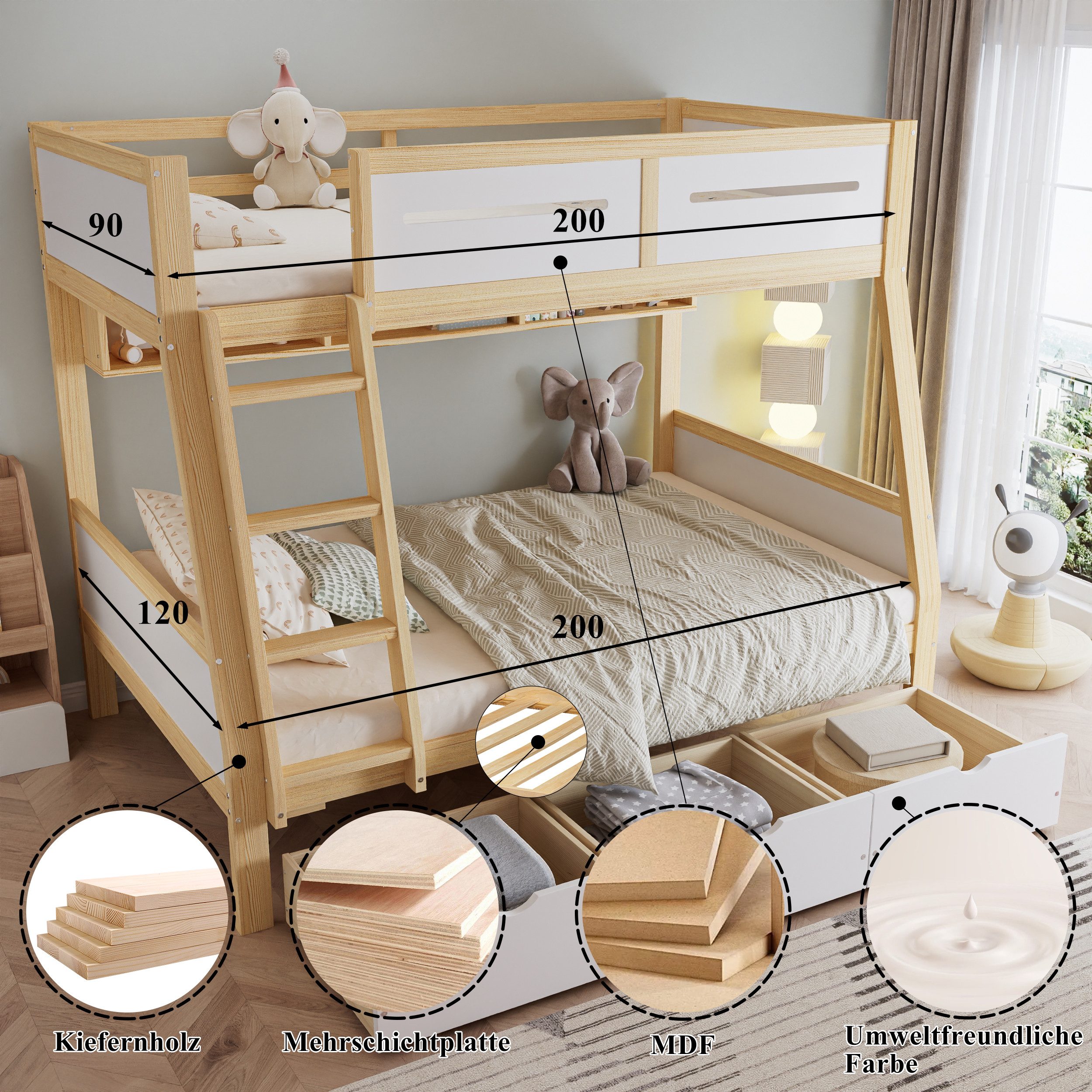 REDOM Etagenbett mit 3 Rollschubladen, 2m Bücherregal, sicherer Umzäunung (Kinder-Holzbett, Kinderbett, 90x200 & 120x200 cm), ohne Matratze