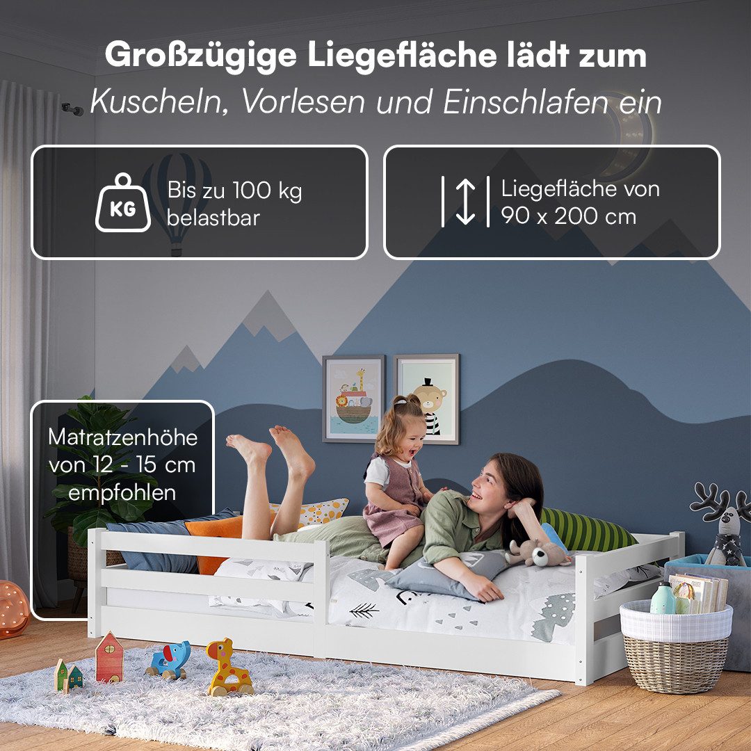 Bellabino Kinderbett Iskri mit Rausfallschutz und Lattenrost (weiß, optional mit Matratze), Bodenbett verfügbar in 90/120/140x200 – Bild 5 von 5