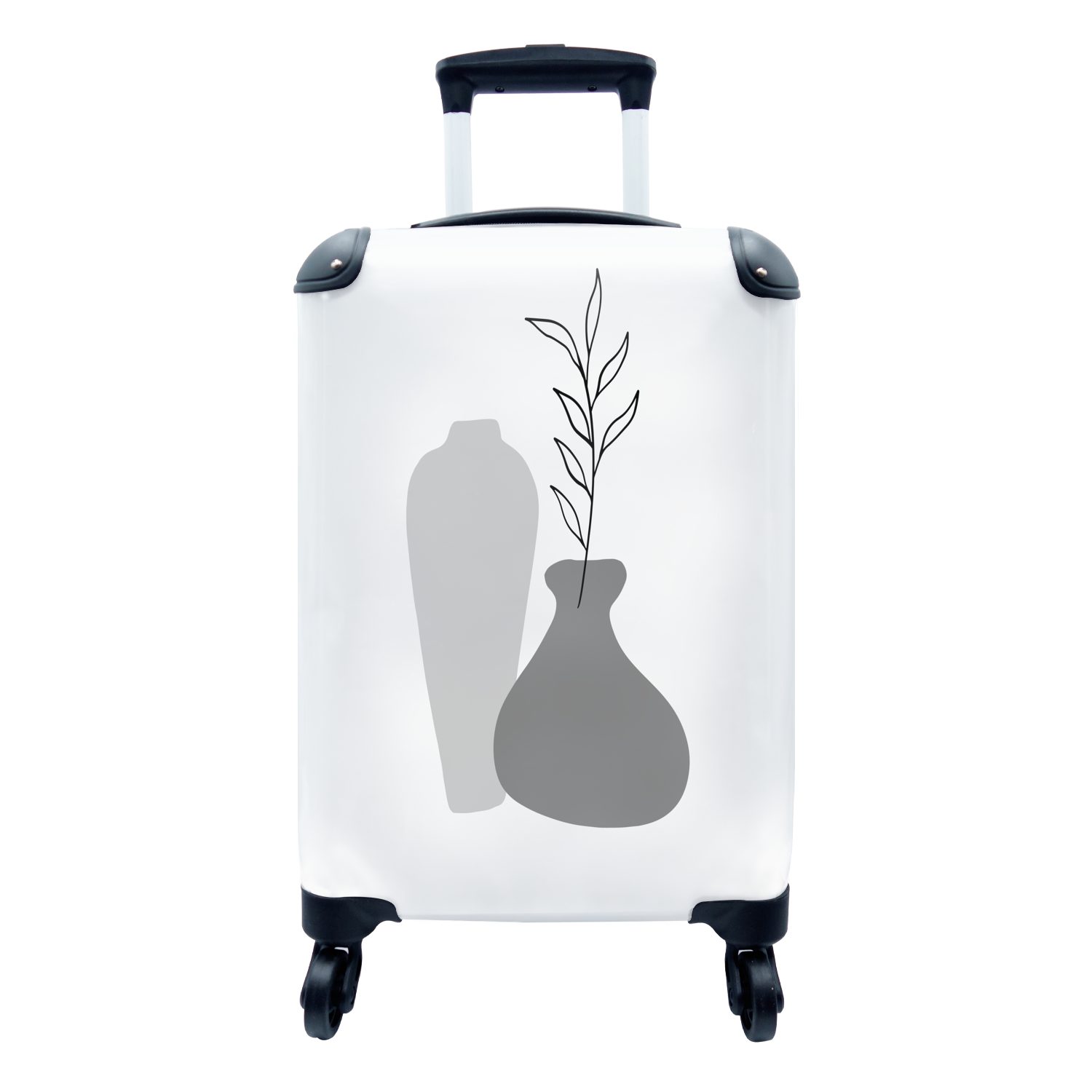 MuchoWow Handgepäckkoffer Zeichnung - Pflanze - Schwarz - Weiß, 4 Rollen, Reisetasche mit rollen, Handgepäck für Ferien, Trolley, Reisekoffer