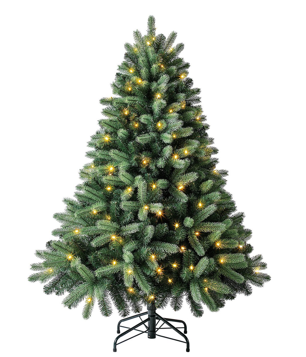 Dehner Künstlicher Weihnachtsbaum Amerikanische Rotfichte Stellan, mit LED/Ständer, Höhe 150 cm, Ø 117cm, Lichtfarbe warmweiß, aus PVC/Polyethylen/Metall, Farbe grün