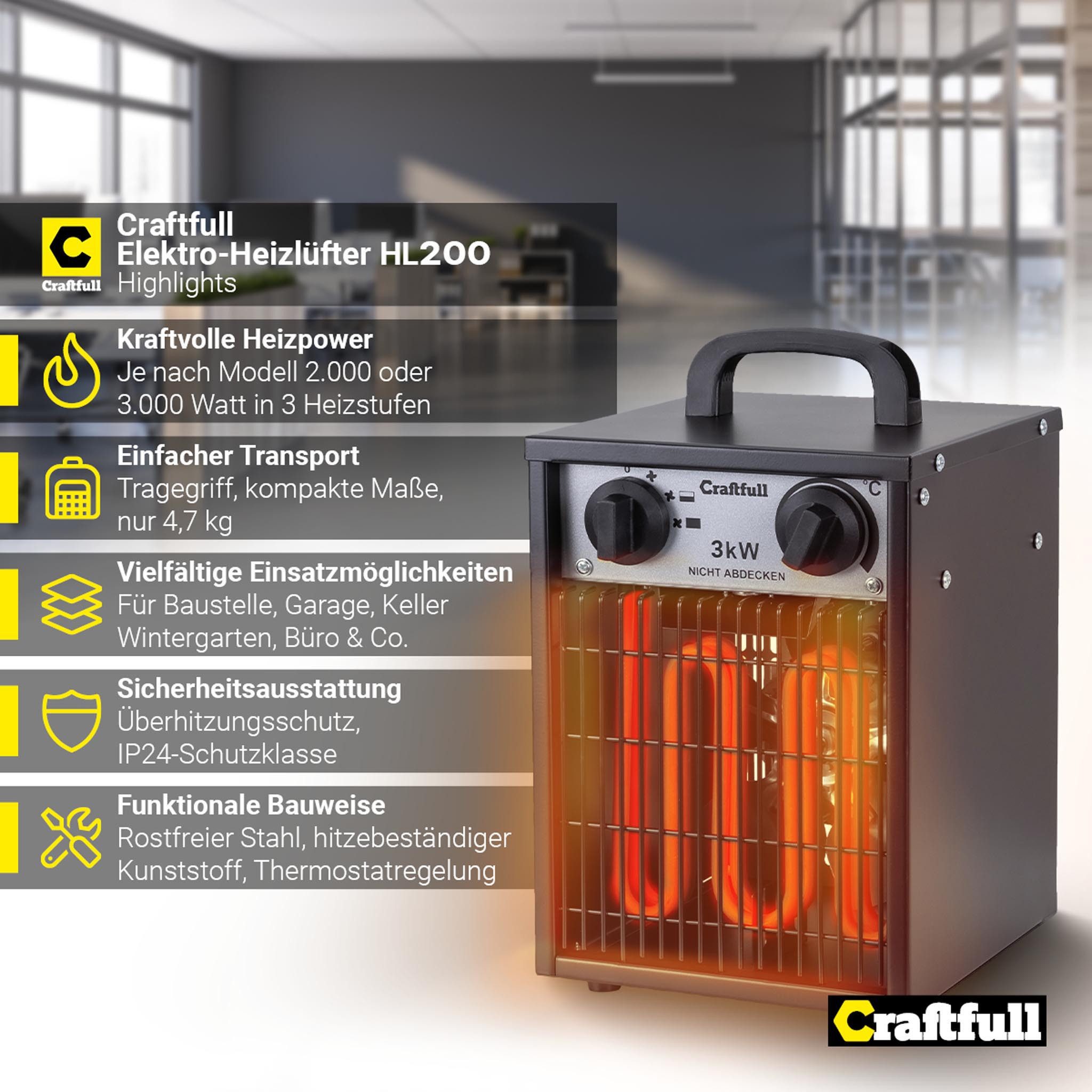 Craftfull Heizlüfter Elektro Heizgerät HL200 inkl. 3 J. Garantie - 3 Heizst günstig online kaufen