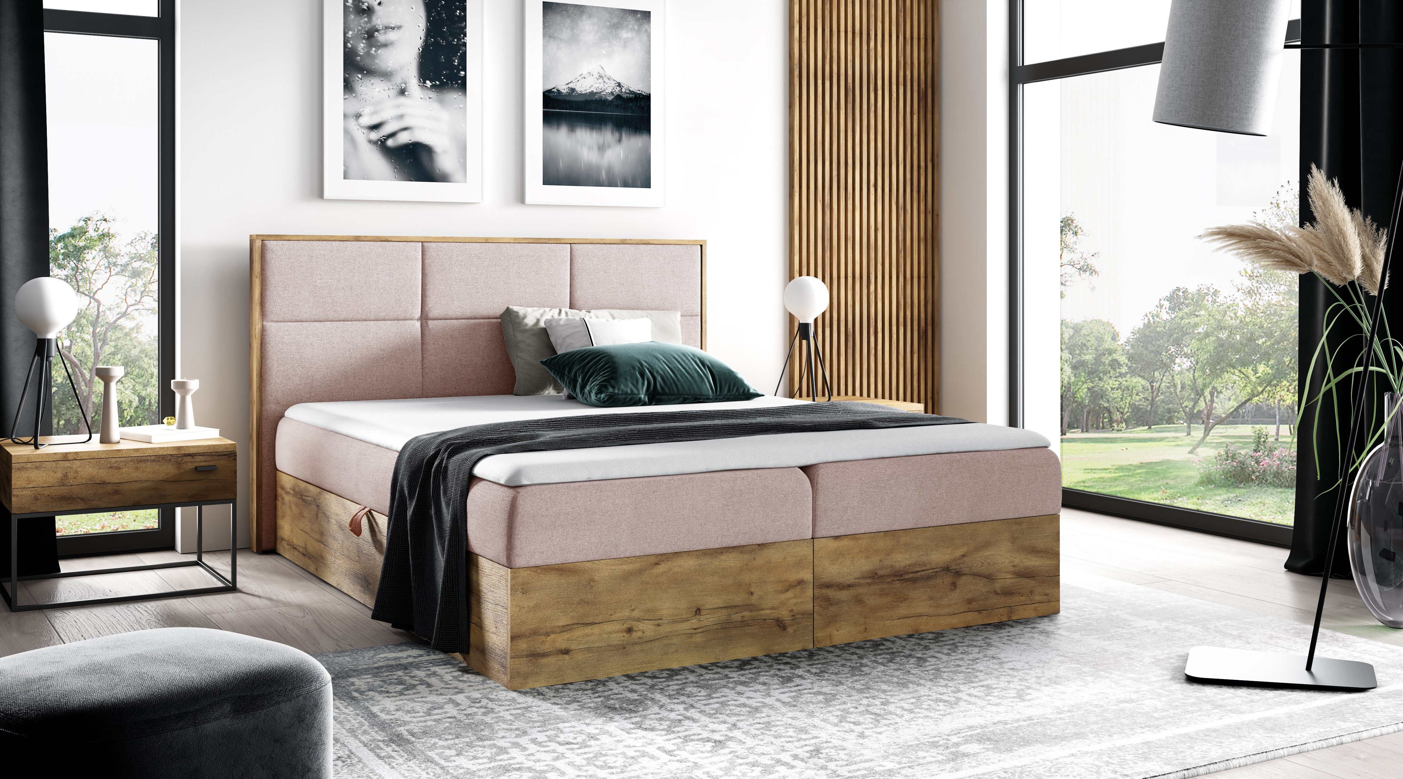 yourhouse24 Boxbett Wood II mit 2 Bettkästen, Doppelbett mit Bonell-Matratze + Topper