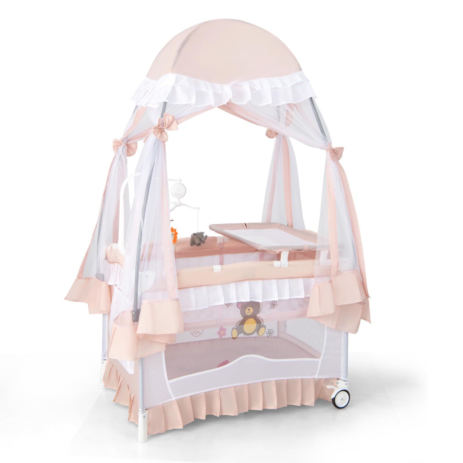 COSTWAY Kinderbett Reisebett, Babybett mit abnehmbarem Baldachin, Wickelauflage, faltbar
