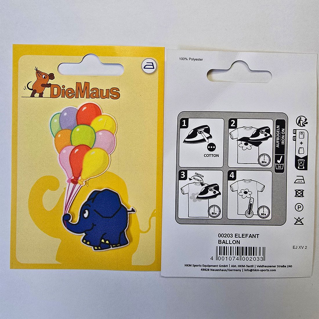 Die Sendung mit der Maus Aufnäher Bügelbild, Aufbügler, Applikationen, Patches, Flicken, zum aufbügeln, Polyester, Elefant Sendung mit der Maus Kinder - Größe: 7 x 4 cm