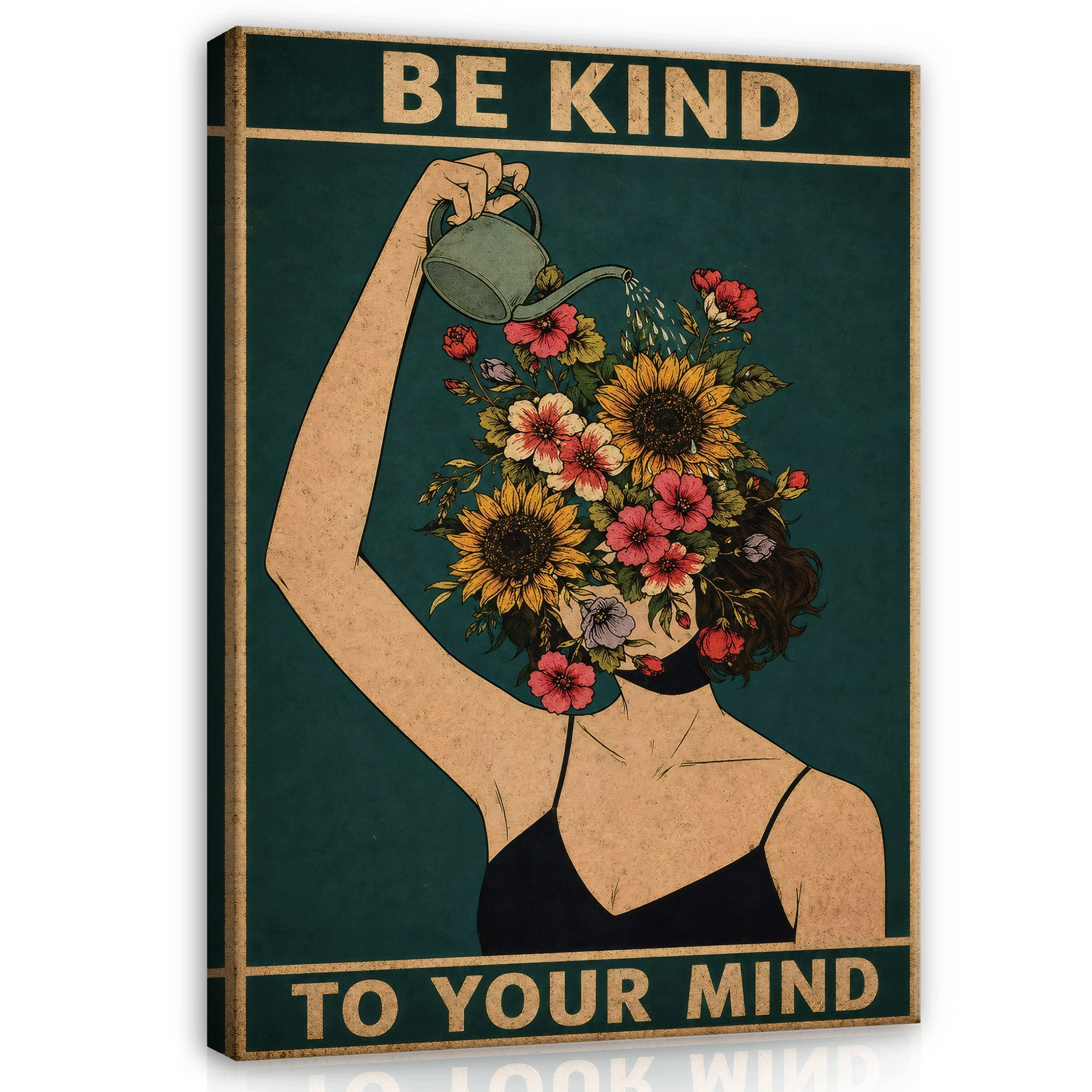 Wallarena Leinwandbild Frau Blumen Vintage Grün Retro Bilder Schlafzimmer wandbilder Wandbild, Frau, Blumen, Gießkanne, Schriftzug "BE KIND TO YOUR MIND" (Leinwandbild, 1 St), Leinwand Bilder Wohnzimmer Schlafzimmer Wandbild Wanddeko 30x40 cm