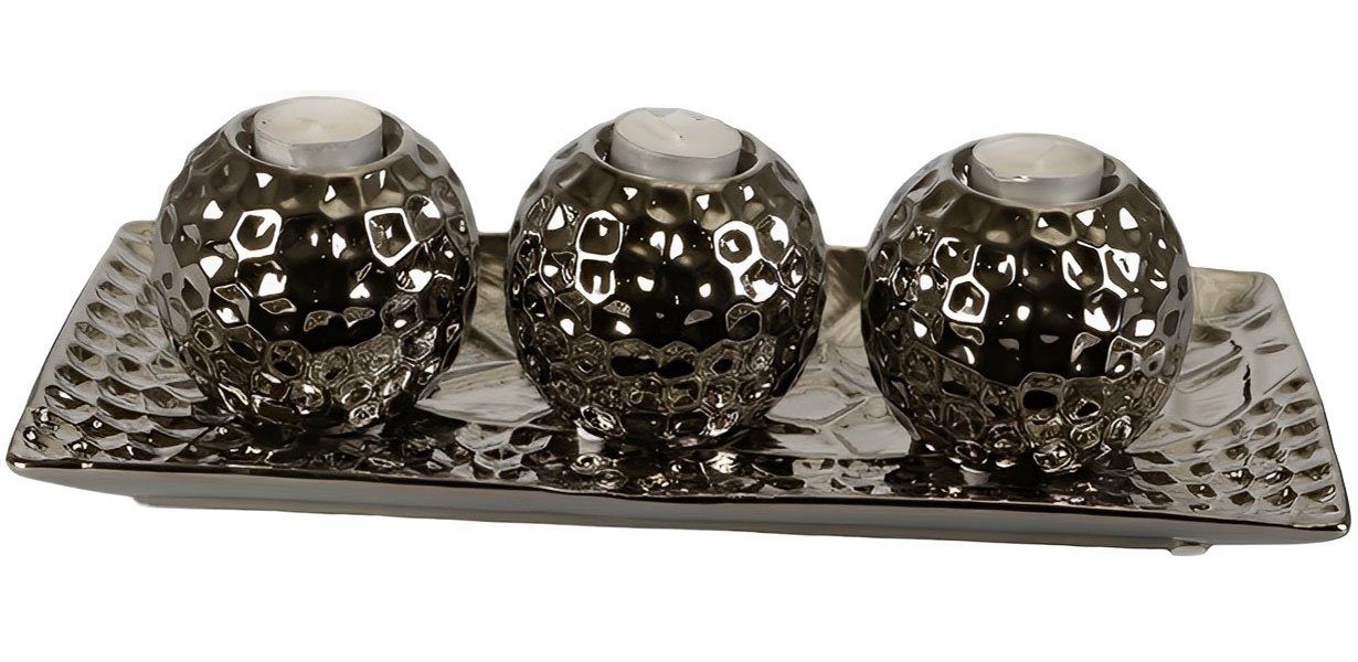St) (4 3-er, Porzellan Kerzenleuchter Almina Silber, Deko-Kerzenhalter, Kerzenständer,
