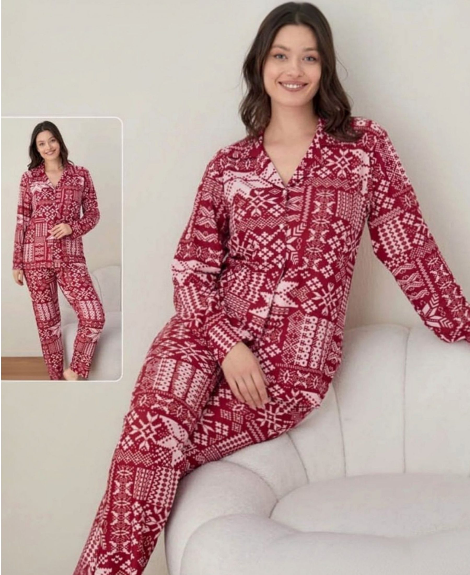 fashionshowcase Hausanzug Damen Pyjama – Schlafanzug mit Norweger Muster, warm & bequem (2 tlg., 2-teiliges Set) Kuschelig weiches Material, winterliches Norweger-Muster