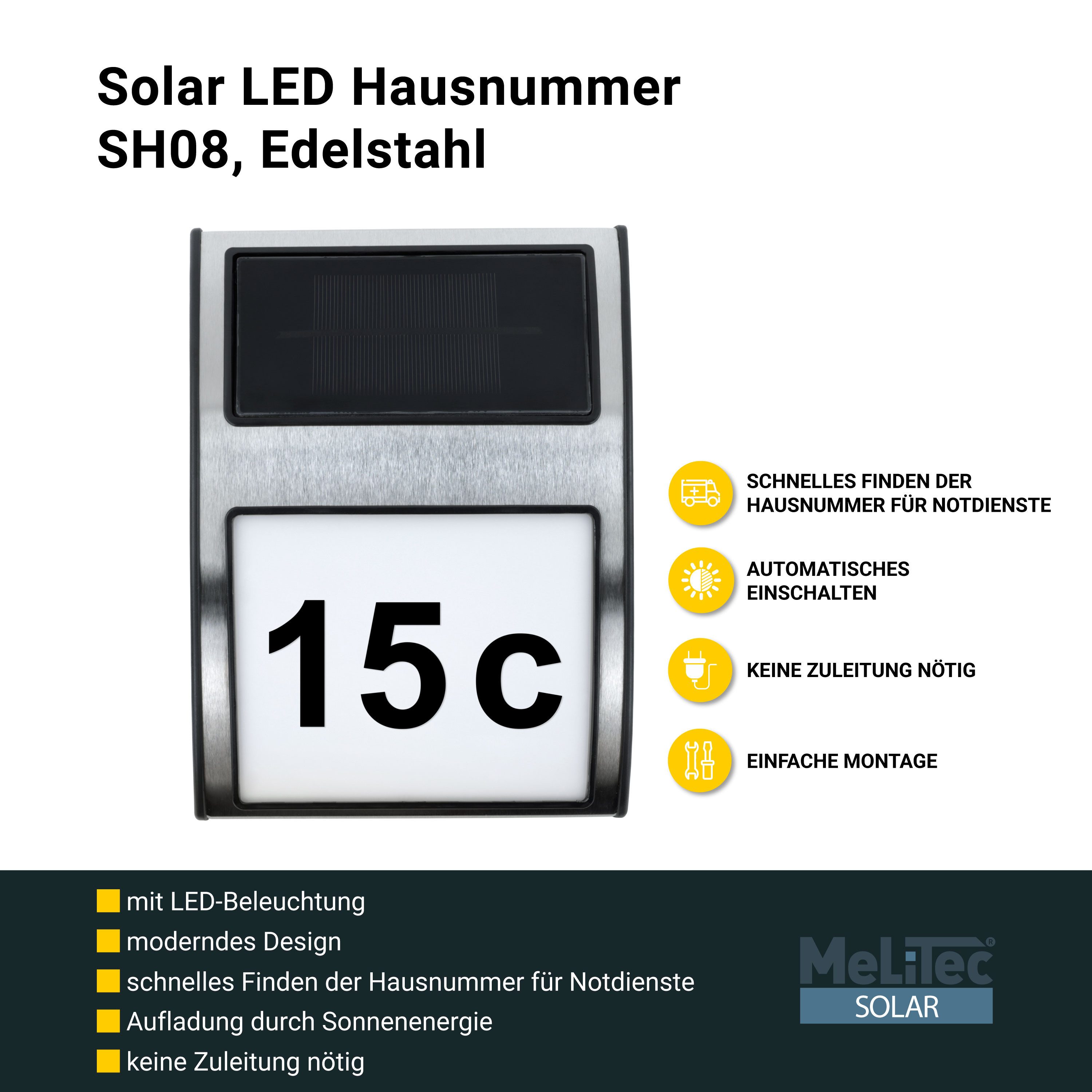 MeLiTec LED Außen-Wandleuchte Solar-Hausnummer mit Nummernset, Solar, LED fest integriert, Tageslichtweiß, Hausnummer mit Beleuchtung und Dämmerungssensor, SH01 SH06 SH07 SH08