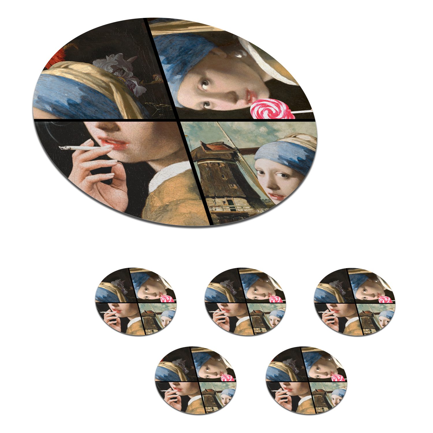 MuchoWow Glasuntersetzer Das Mädchen mit dem Perlenohrring - Vermeer - Collage, Zubehör für Gläser, 6-tlg., Getränkeuntersetzer, Tassenuntersetzer, Korkuntersetzer, Tasse, Becher
