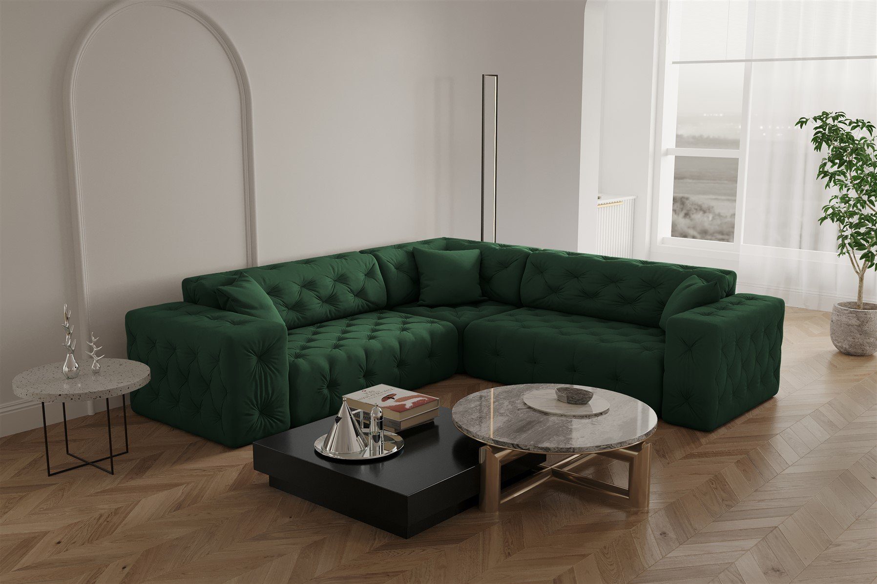 in Designersofa Fun Ecksofa Velvet universal Seite Opera Stoff CHANTAL Ecksofa Möbel Grün