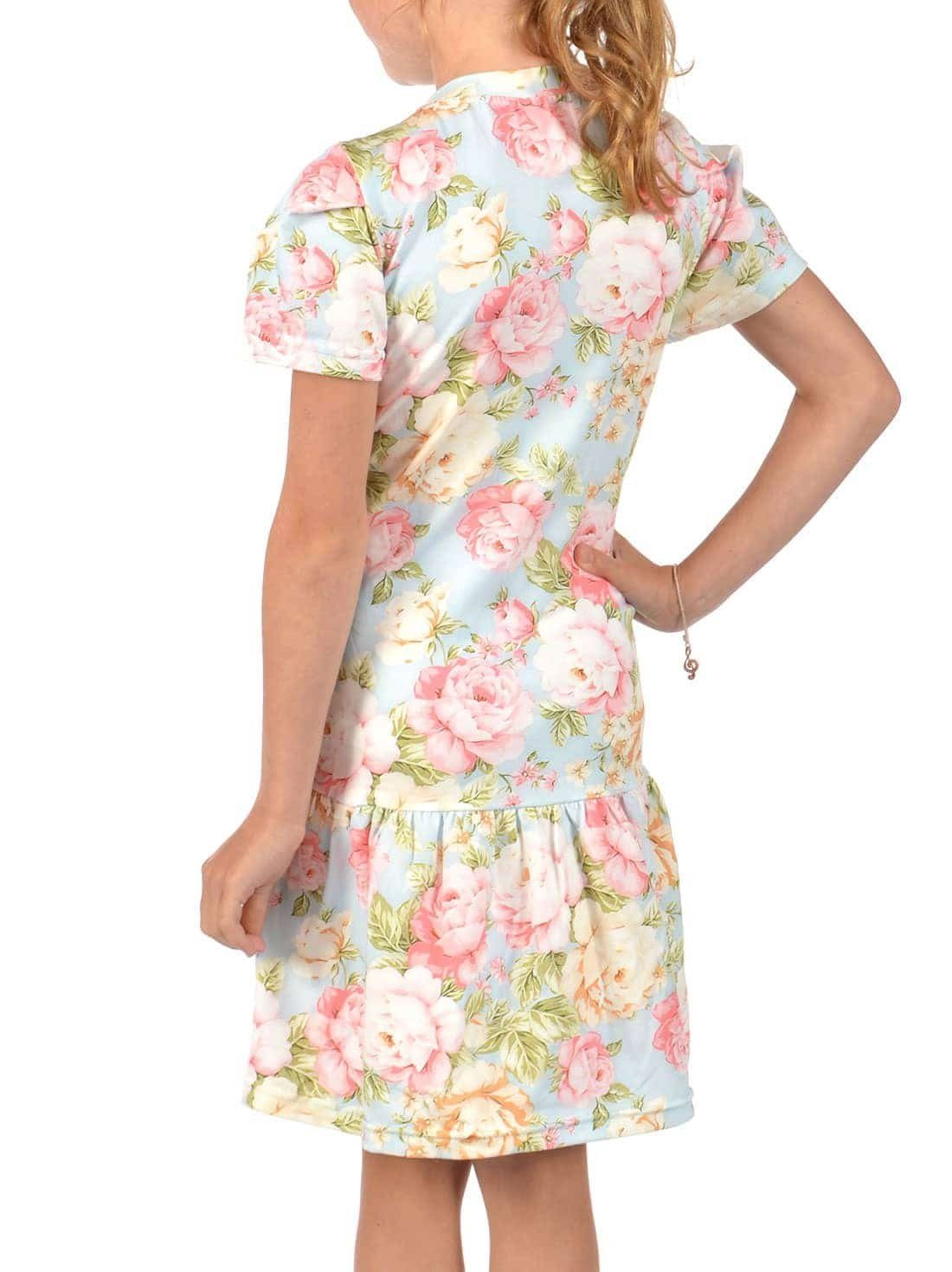 Kleid bequem mit zu 30367 tragen Sommerkleid (1-tlg) Kräuselfaltenrock Hellblau Rose KMISSO Mädchen