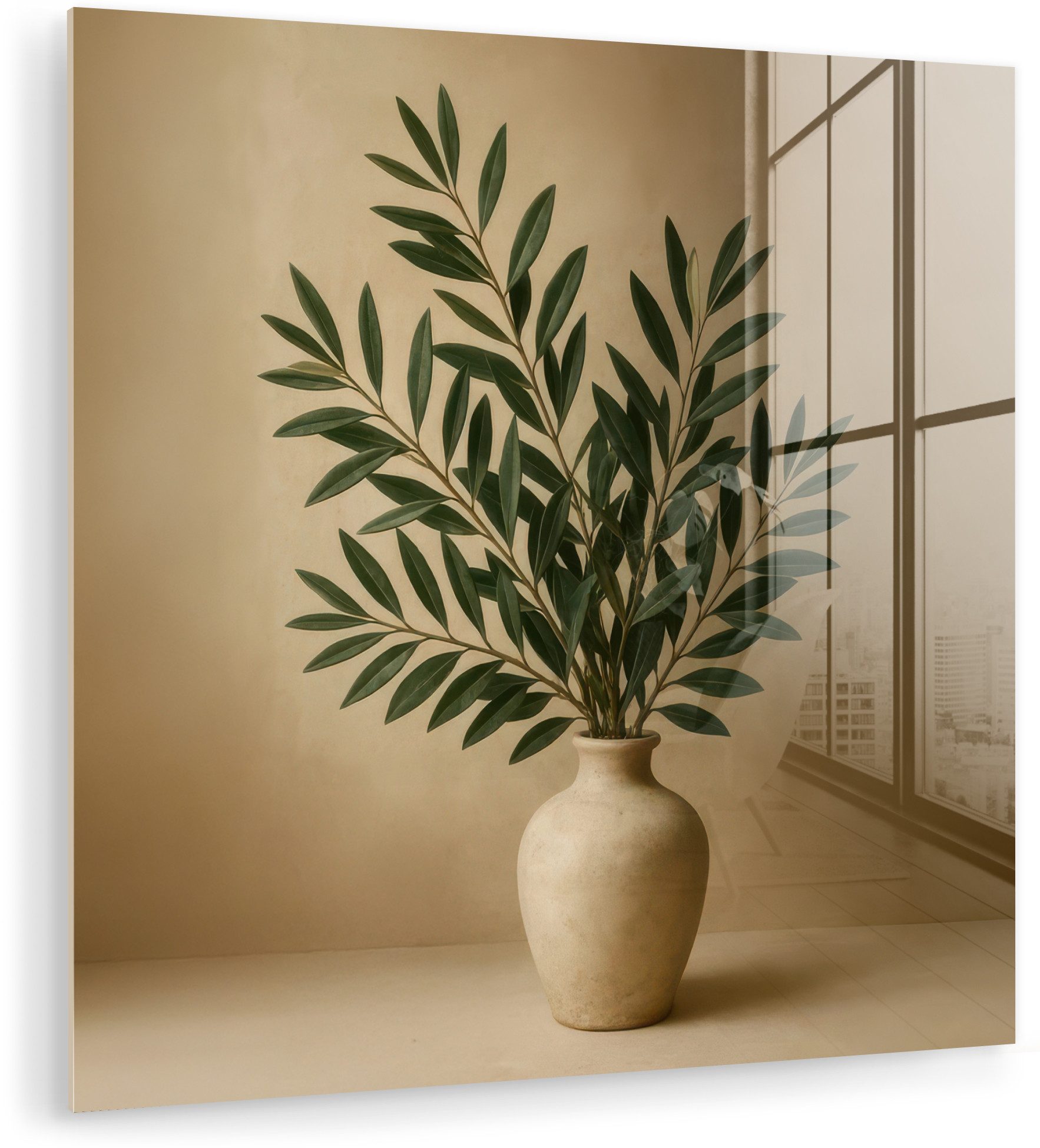 MuchoWow Acrylglasbild Vase - Olivenzweige - Blätter - Beige, Inkl. Aufhängung, Bilder auf Glas Wandbild, Wanddeko Wohnzimmer Badezimmer, 20x20 cm