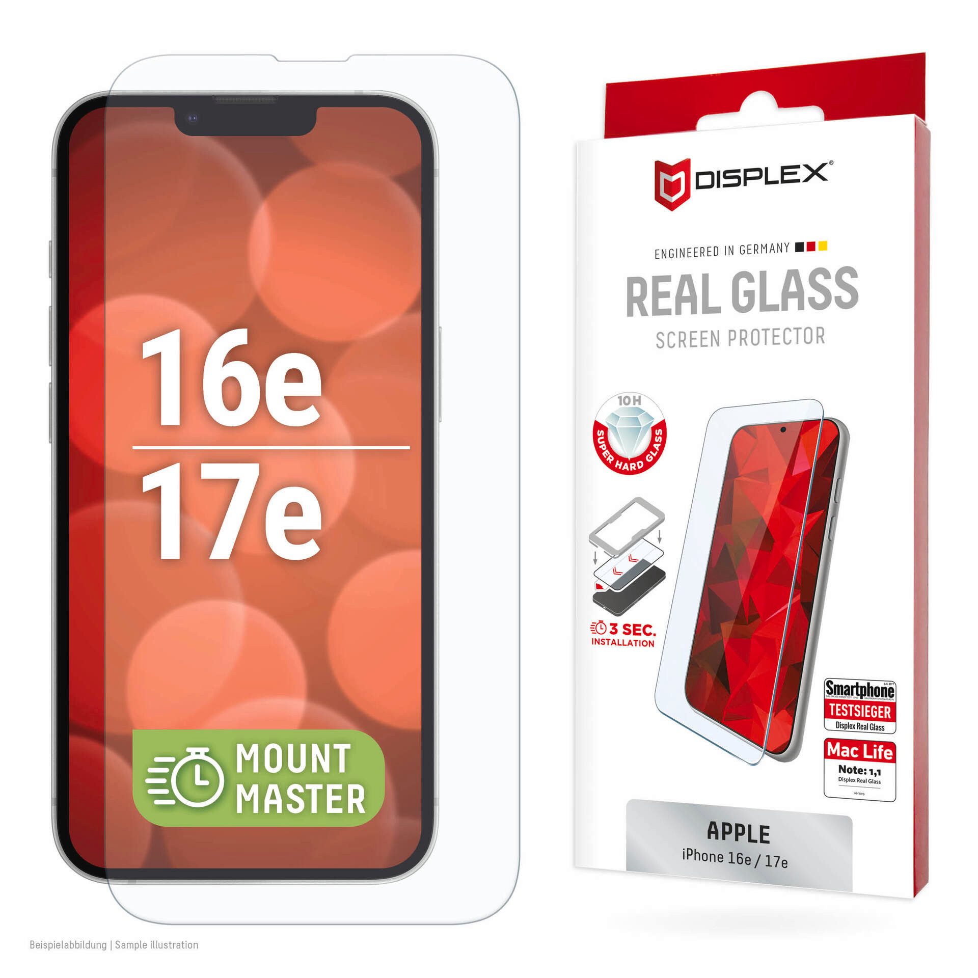 Displex Displayschutzglas Real Glass Screen Protector mit EASY-ON MountMaster für Apple iPhone 16e, Apple iPhone 17e, Displayschutzfolie, Schutzfolie, Bildschirmschutz, kratz- & stoßfest
