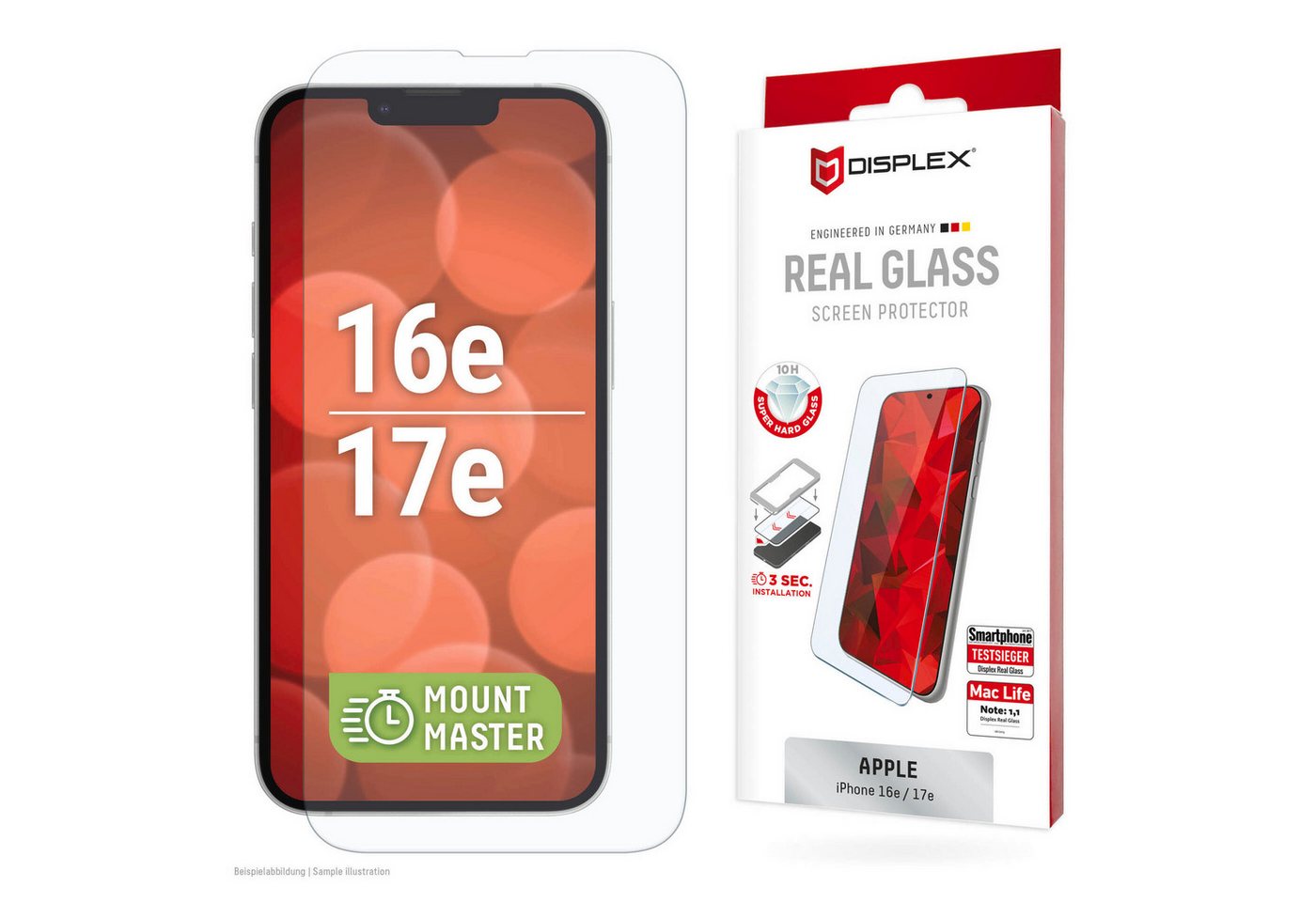 Displex Displayschutzglas Real Glass Screen Protector mit EASY-ON MountMaster für Apple iPhone 16e, Apple iPhone 17e, Displayschutzfolie, Schutzfolie, Bildschirmschutz, kratz- & stoßfest