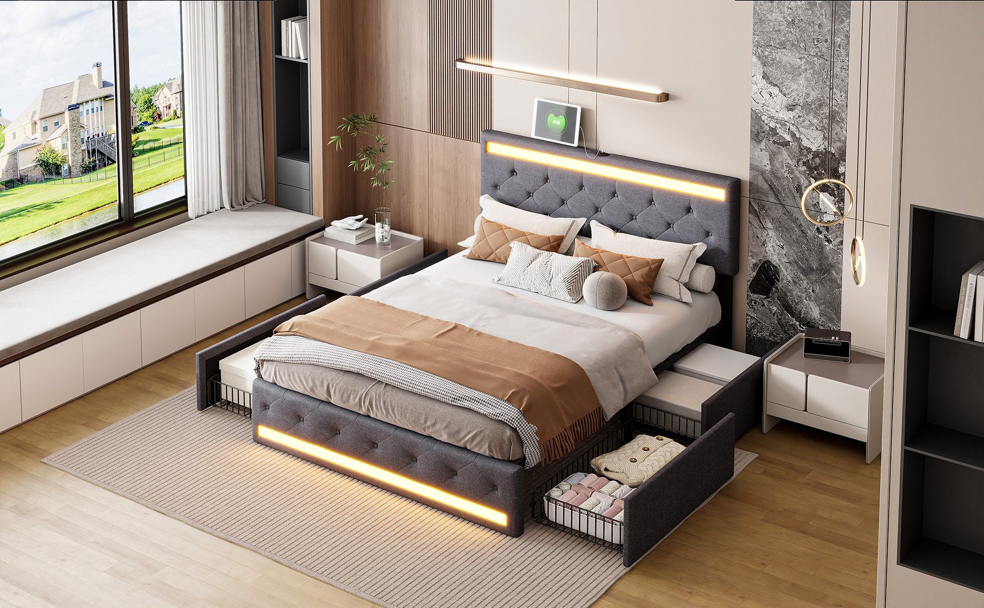 PXloue Polsterbett Doppelbett 180x200 cm, Jugendbett, mit LED-Beleuchtung u günstig online kaufen