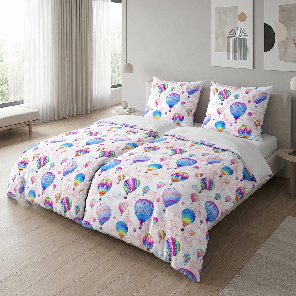 Janine Bettwäsche Mako-Baumwolle, Mako-Satin, 2 teilig, Heißluftballon, Städte, bunt