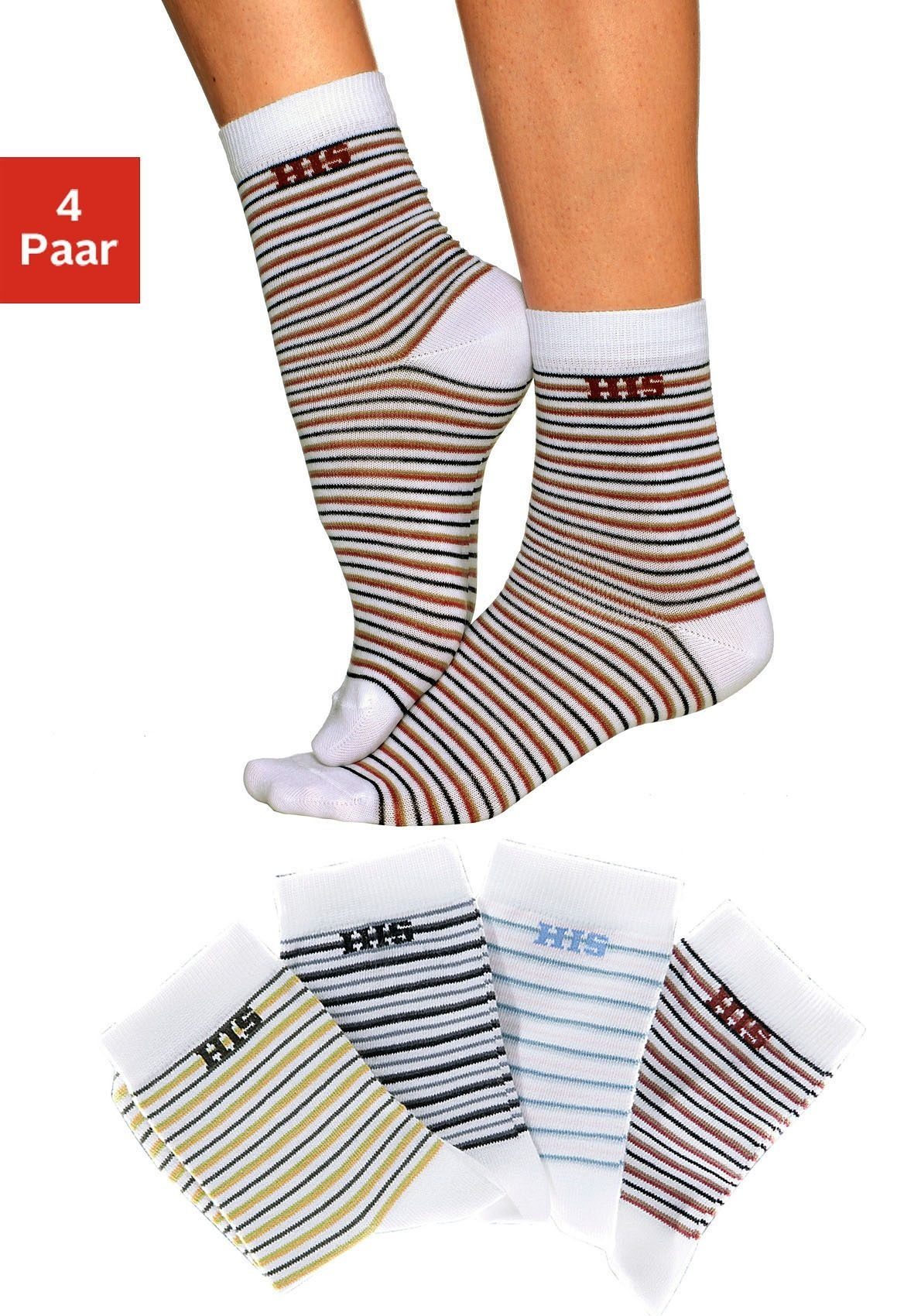 H.I.S Basicsocken Damen Herren Ringel und uni Socken (Packung, 4-Paar, Gr. 35-38 bis 43-46) mit eingestricktem Markenlogo