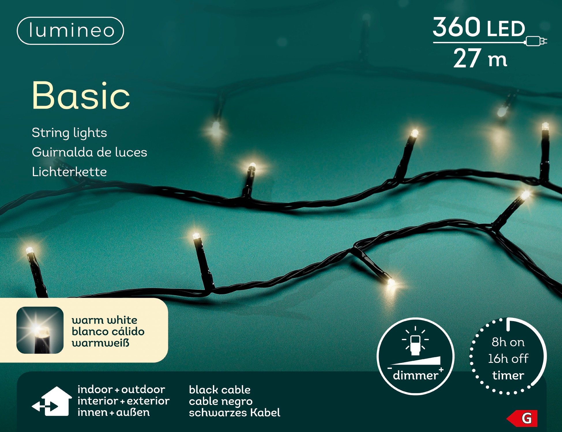 Lumineo LED-Lichterkette Lumineo Lichterkette BASIC 360 LED 27 m warm weiß, schwarzes Kabel, Indoor/Outdoor, dimmbar, 8h-Timer, + 5 m Zuleitung