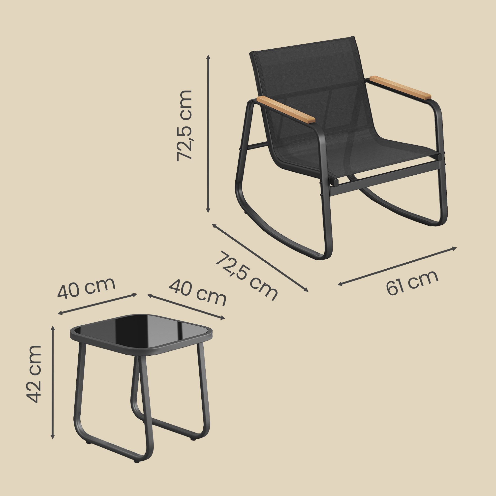 SONGMICS Gartenlounge-Set Balkonmöbel, (3-tlg., 2 Stuhl, 1 Beistelltisch), 2 Schaukelstühle mit Tisch, Stahl, mit Armlehnen, atmungsaktiv