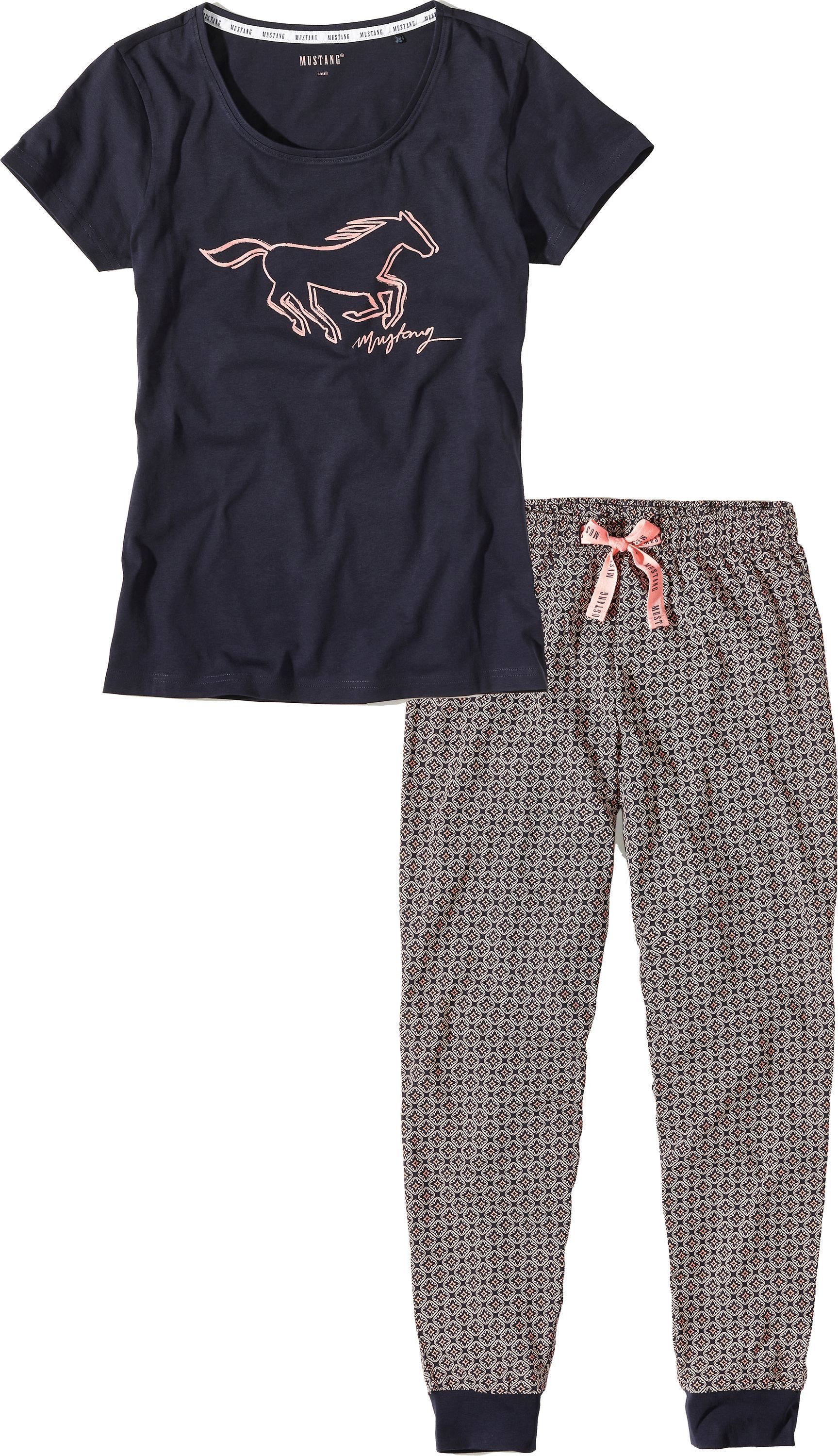 MUSTANG Schlafanzug (2 tlg) Oberteil einfarbig dunkelblau, Hose Allover gemustert dunkelblau rose