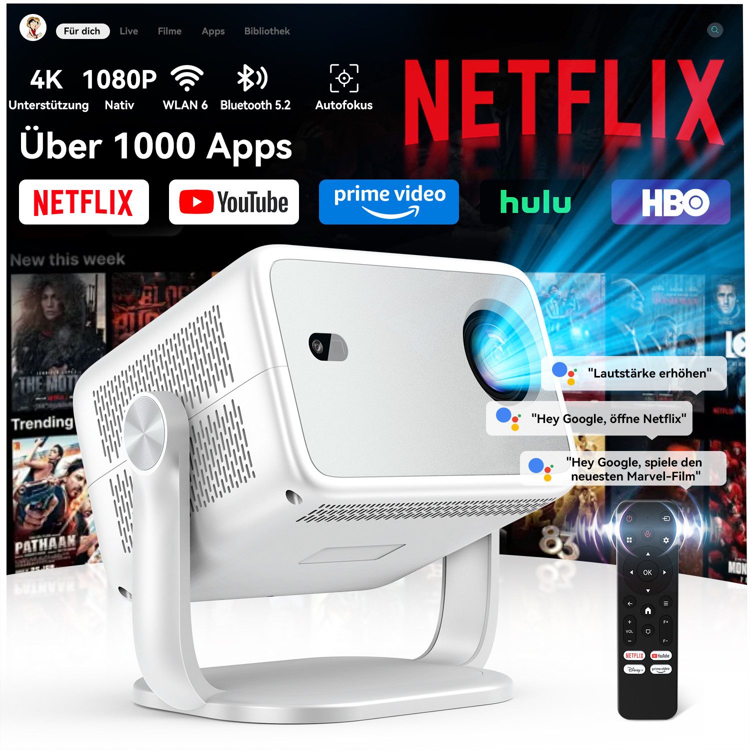 blackview PT10 Beamer Native 1080P, 360° Drehbarer, Mit Netflix Zertifizierung Beamer (30000 lm, 1500:1, 1920 x 1080 px, Sprachsteuerung, FULL HD, WiFi 6+BT 5.4, bis 200 Zoll)