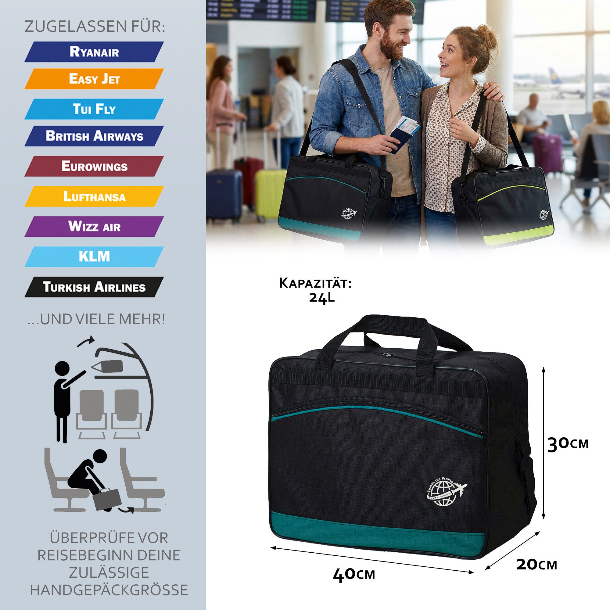 BambiniWelt by Rafael K. Reisetasche Handgepäck Boardgepäck Bordcase 40x20x25 40x30x20 Ryanair Wizzair (M1), wasserabweisend