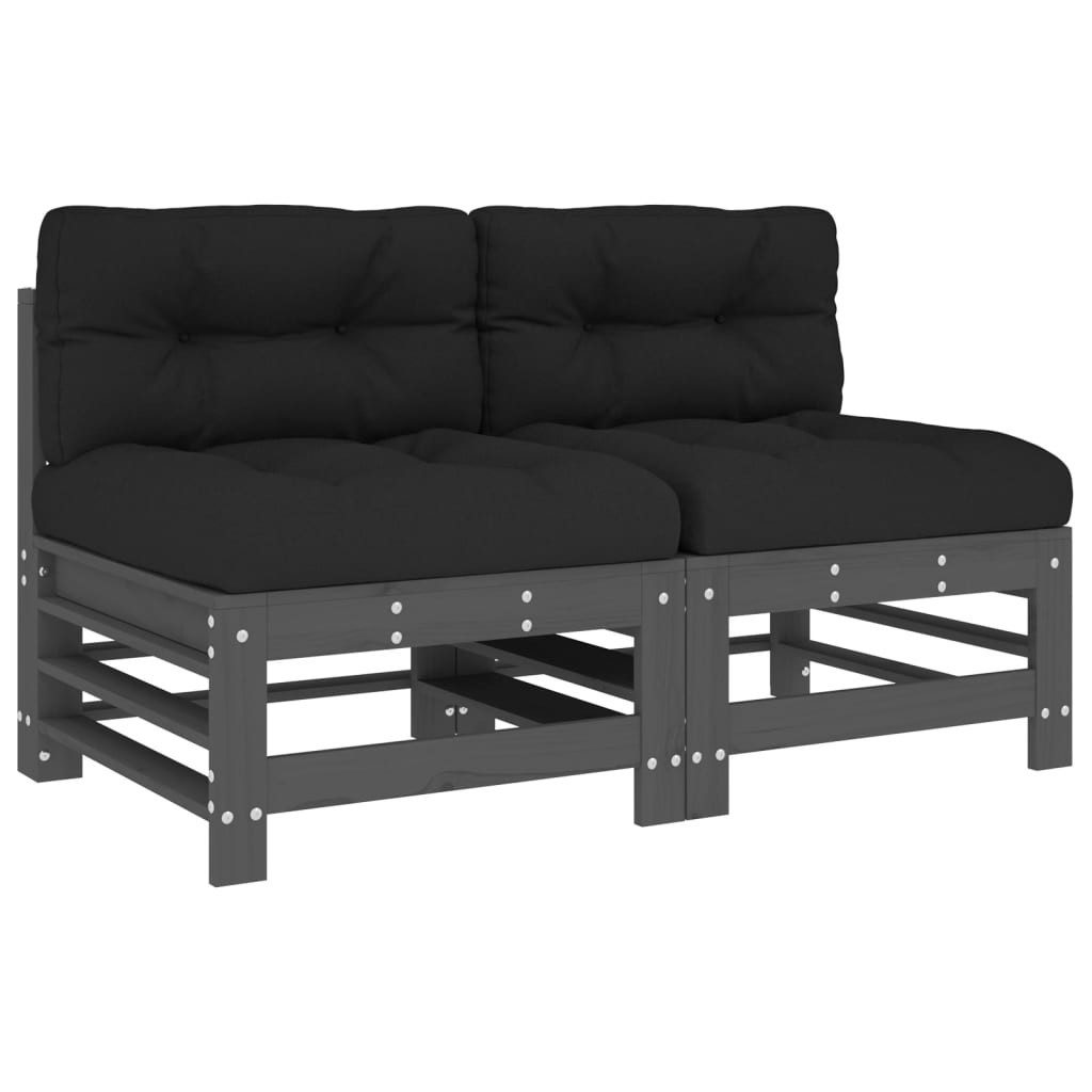 vidaXL Gartenlounge-Mittelteil, Mittelsofas mit Kissen 2 Stk. Grau Massivholz Kiefer