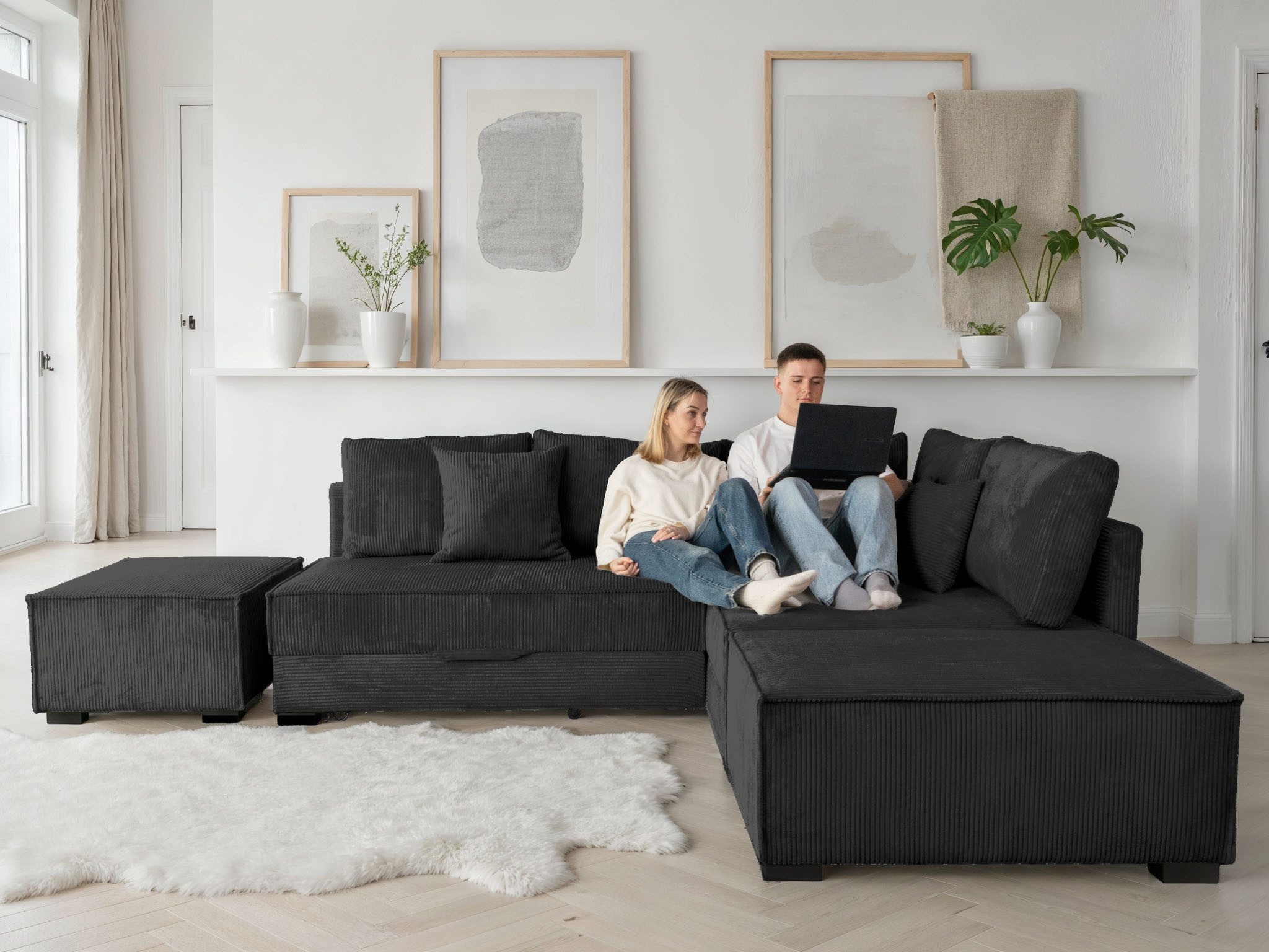 Home affaire Ecksofa Night & Day L-Form, B: 316 cm mit Dauer-Schlaffunktion 180x200 cm, Set: Sofa & Hocker, Schlaffunktion, Bettkasten & Kissen, Boxspringbett